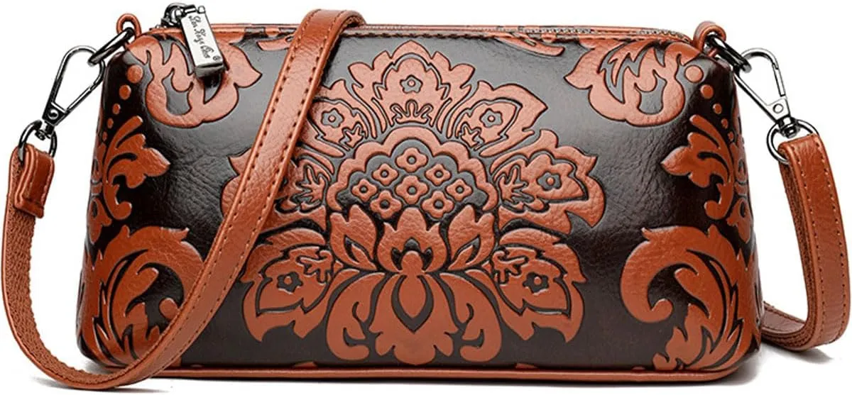 Small Shoulder Purse for Women,Vintage Handbag Flower Print Embossed Crossbody Bag With Two Straps