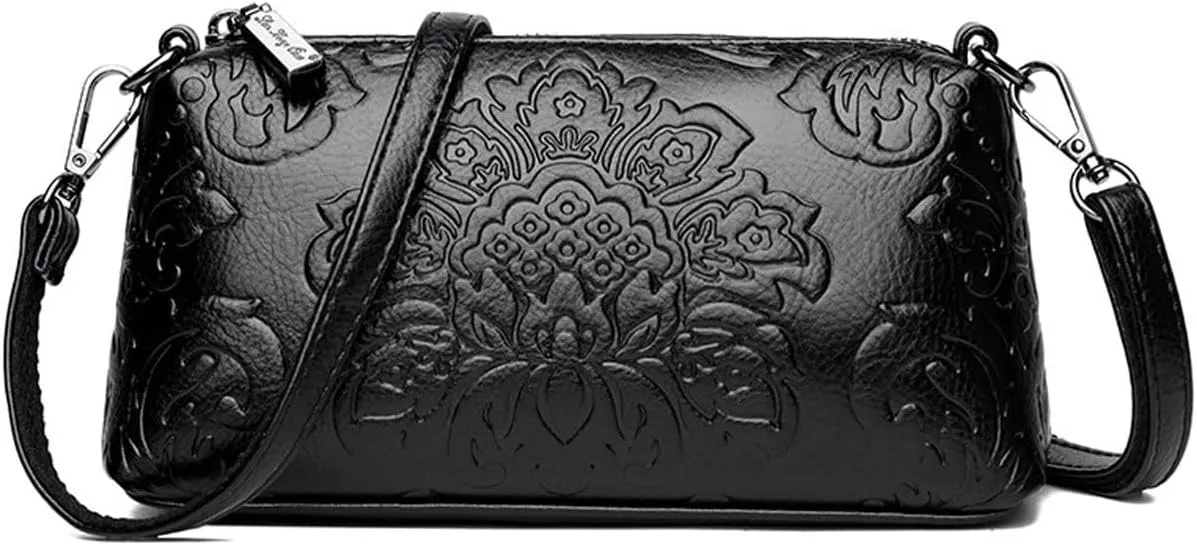 Small Shoulder Purse for Women,Vintage Handbag Flower Print Embossed Crossbody Bag With Two Straps