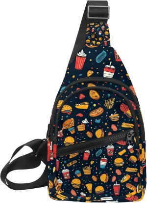 Small Sling Backpack Crossbody Sling Bag, Chest Bag Daypack, hot dog pita tea cup pizza fries