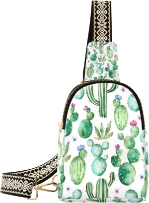 Small Sling Bag Cactus Succulent Floral Trendy Crossbody Bag Fashion Waist Packs Watercolor Leather Chest Bag