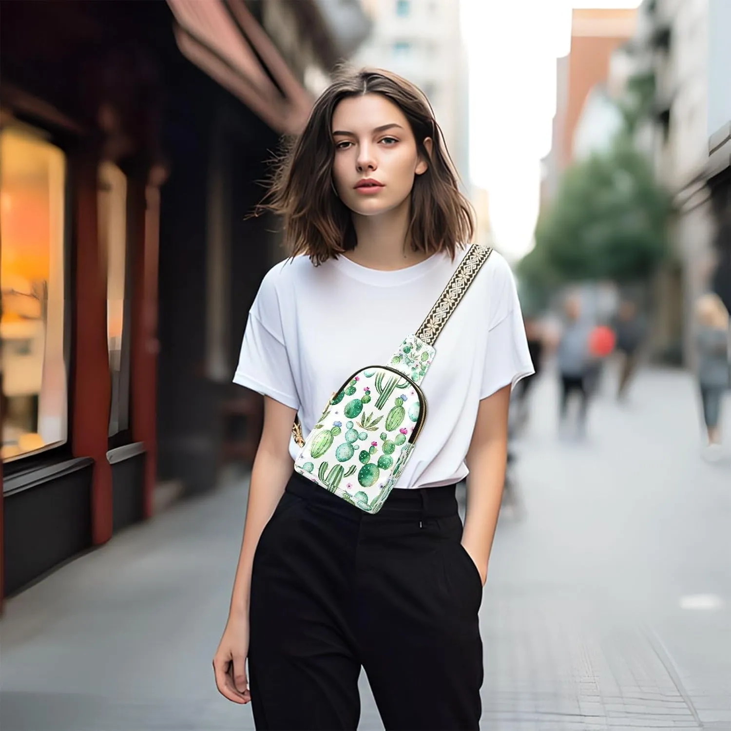 Small Sling Bag Cactus Succulent Floral Trendy Crossbody Bag Fashion Waist Packs Watercolor Leather Chest Bag
