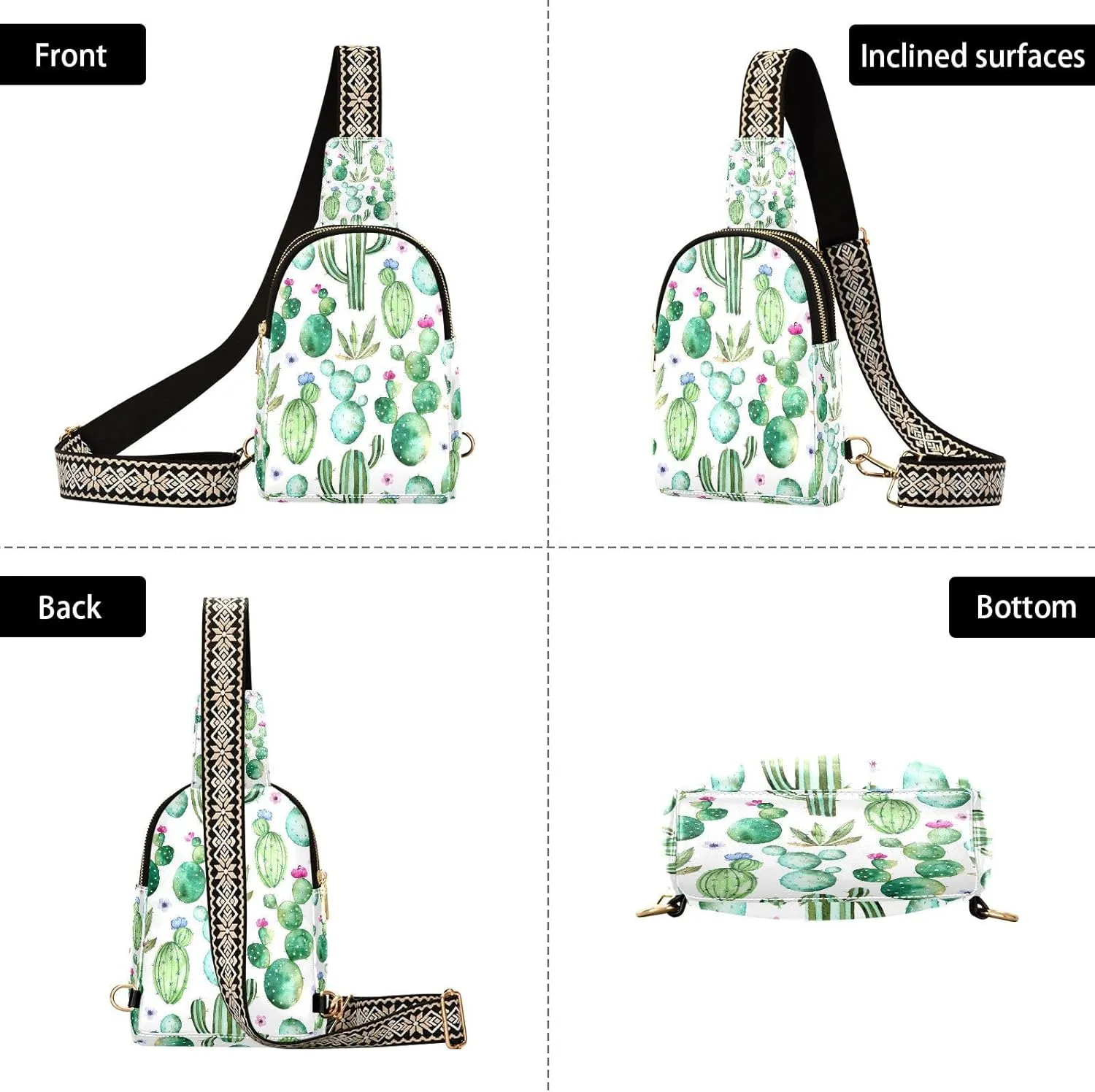 Small Sling Bag Cactus Succulent Floral Trendy Crossbody Bag Fashion Waist Packs Watercolor Leather Chest Bag