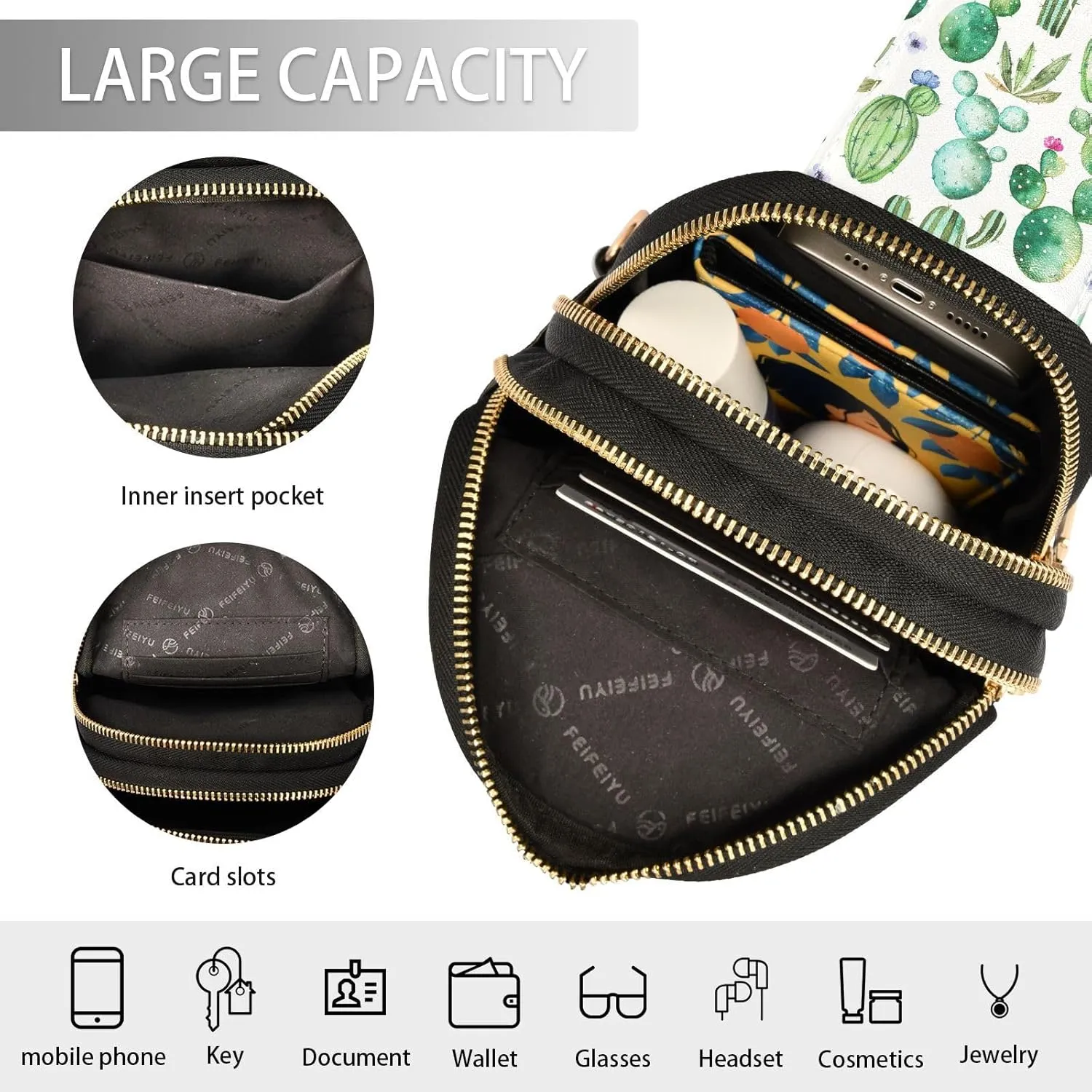 Small Sling Bag Cactus Succulent Floral Trendy Crossbody Bag Fashion Waist Packs Watercolor Leather Chest Bag