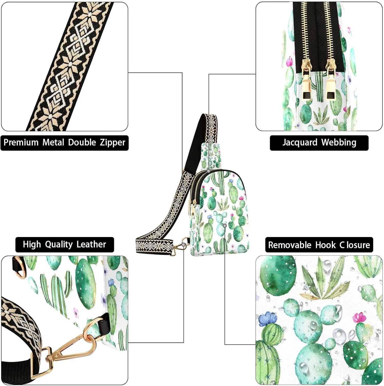 Small Sling Bag Cactus Succulent Floral Trendy Crossbody Bag Fashion Waist Packs Watercolor Leather Chest Bag