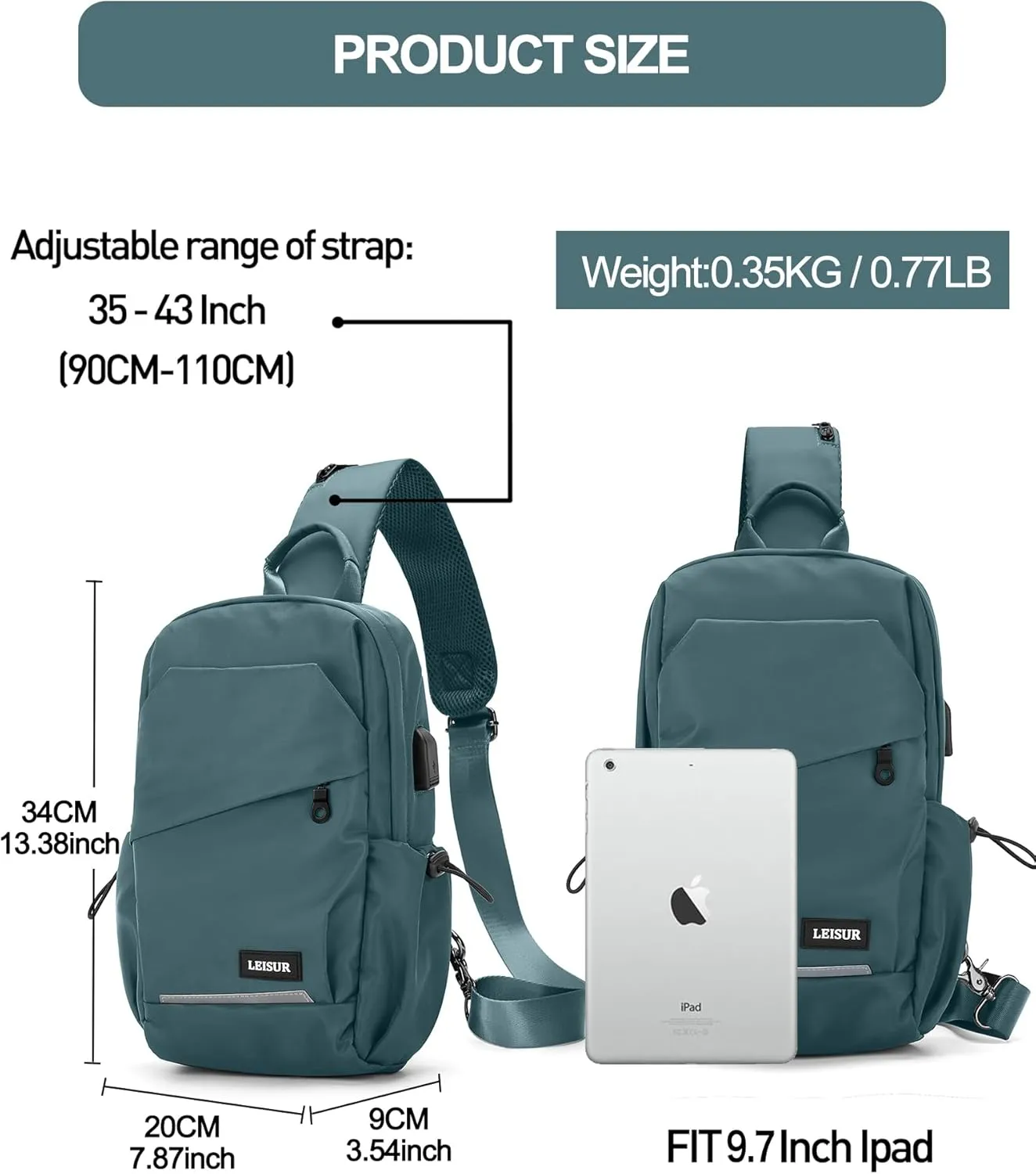 Small Sling Bag for Men Women - Lightweight Crossbody Backpack, Multipurpose Shoulder Bag, Compact Chest Daypack for Travel Hiking Gym Sport with USB Charger Port Peacock Blue
