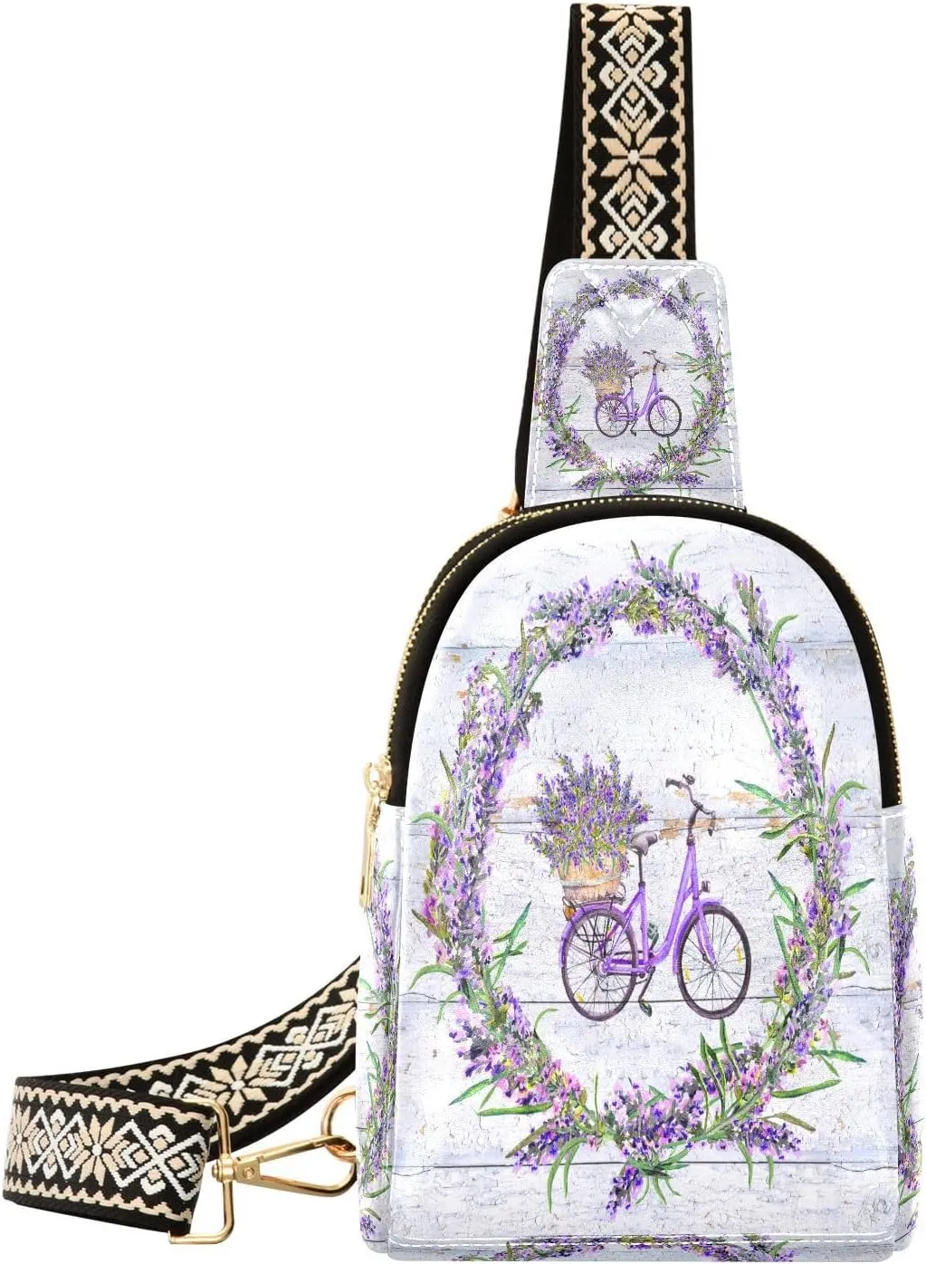 Small Sling Bag for Women Bicycle Lavender Flowers PC Leather Fanny Pack Crossbody Purple Lilac Spring Board Fashion Waist Packs Chest Bag for Travel Sports Running Hiking
