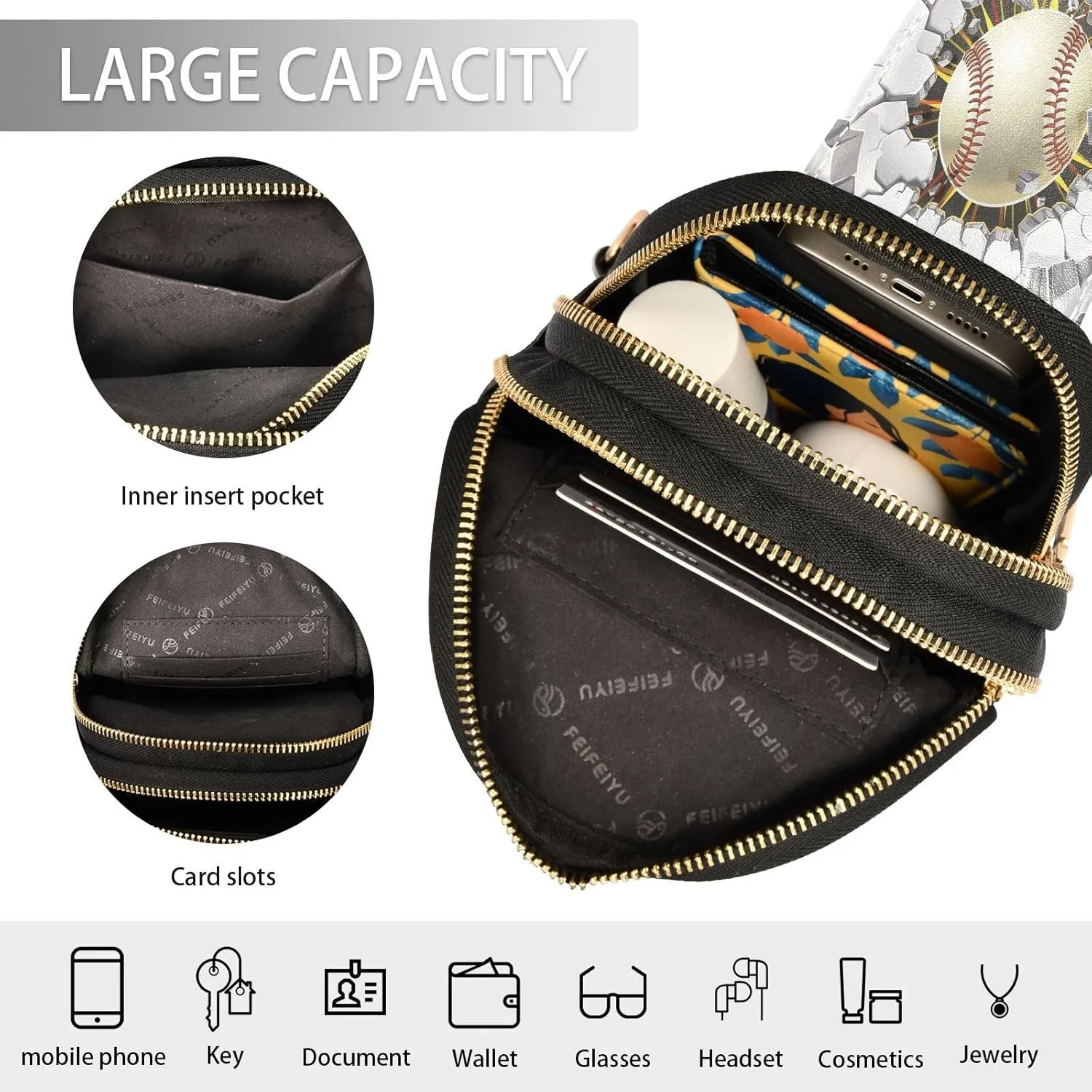 Small Sling Bag for Women Crossbody Baseball Old Plaster Trendy Crossbody Bag Fanny Pack with Guitar Strap Wall Damage Leather Chest Bag for Women Travel Outdoor Outfit