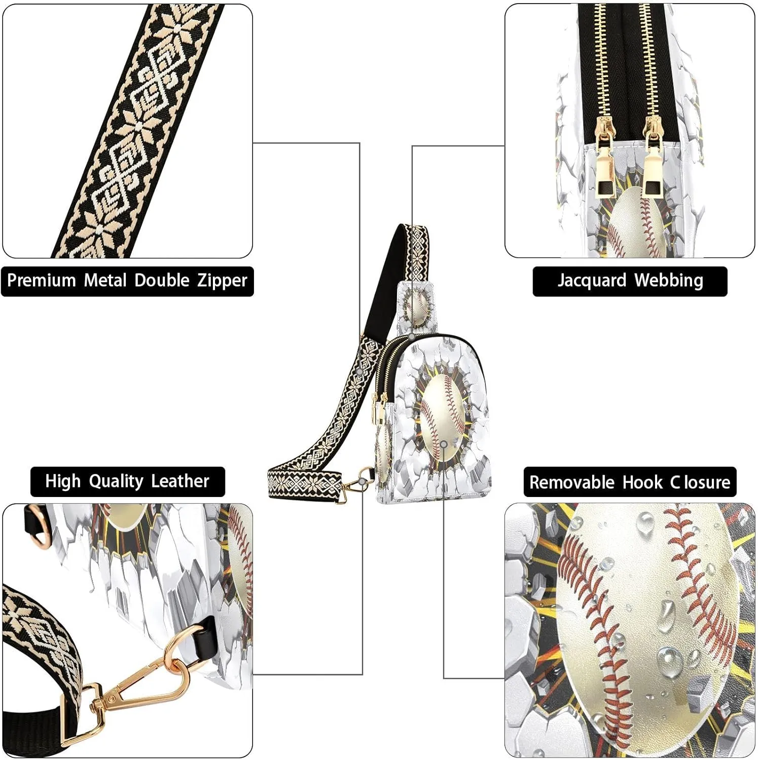 Small Sling Bag for Women Crossbody Baseball Old Plaster Trendy Crossbody Bag Fanny Pack with Guitar Strap Wall Damage Leather Chest Bag for Women Travel Outdoor Outfit