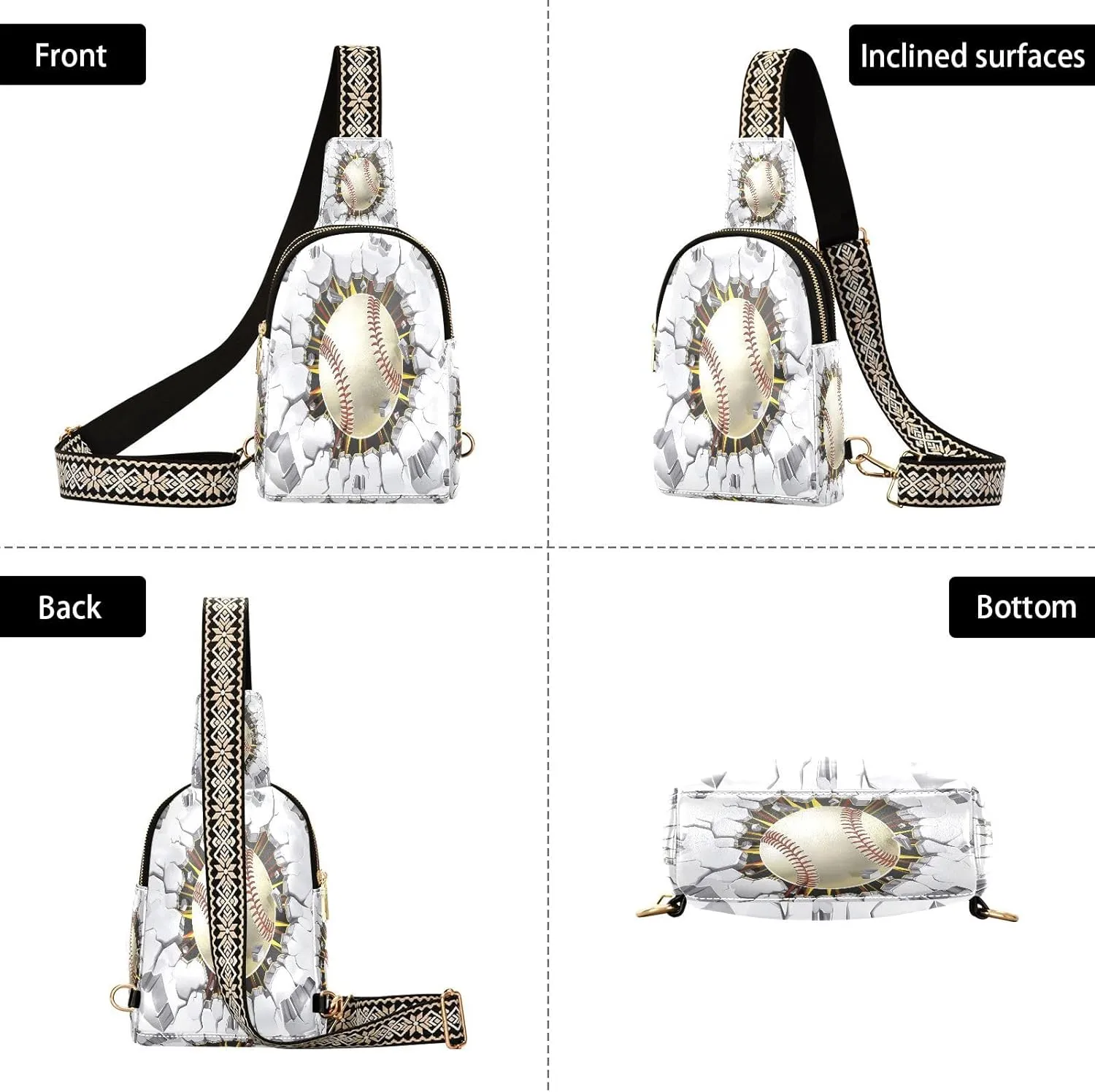 Small Sling Bag for Women Crossbody Baseball Old Plaster Trendy Crossbody Bag Fanny Pack with Guitar Strap Wall Damage Leather Chest Bag for Women Travel Outdoor Outfit