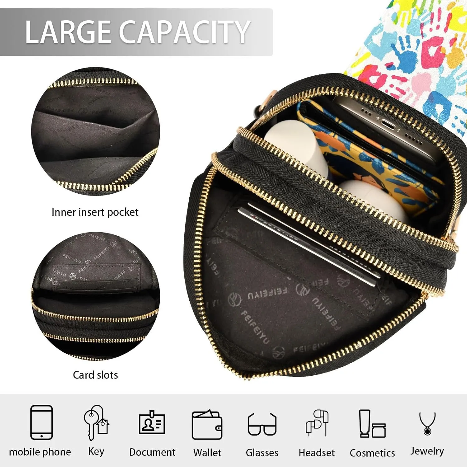 Small Sling Bag for Women Crossbody Colored Handprints Fashion Leather Crossbody Bag for Women Tie Dye Trendy Crossbody Purse Fanny Pack with Adjustable Guitar Strap Outfit