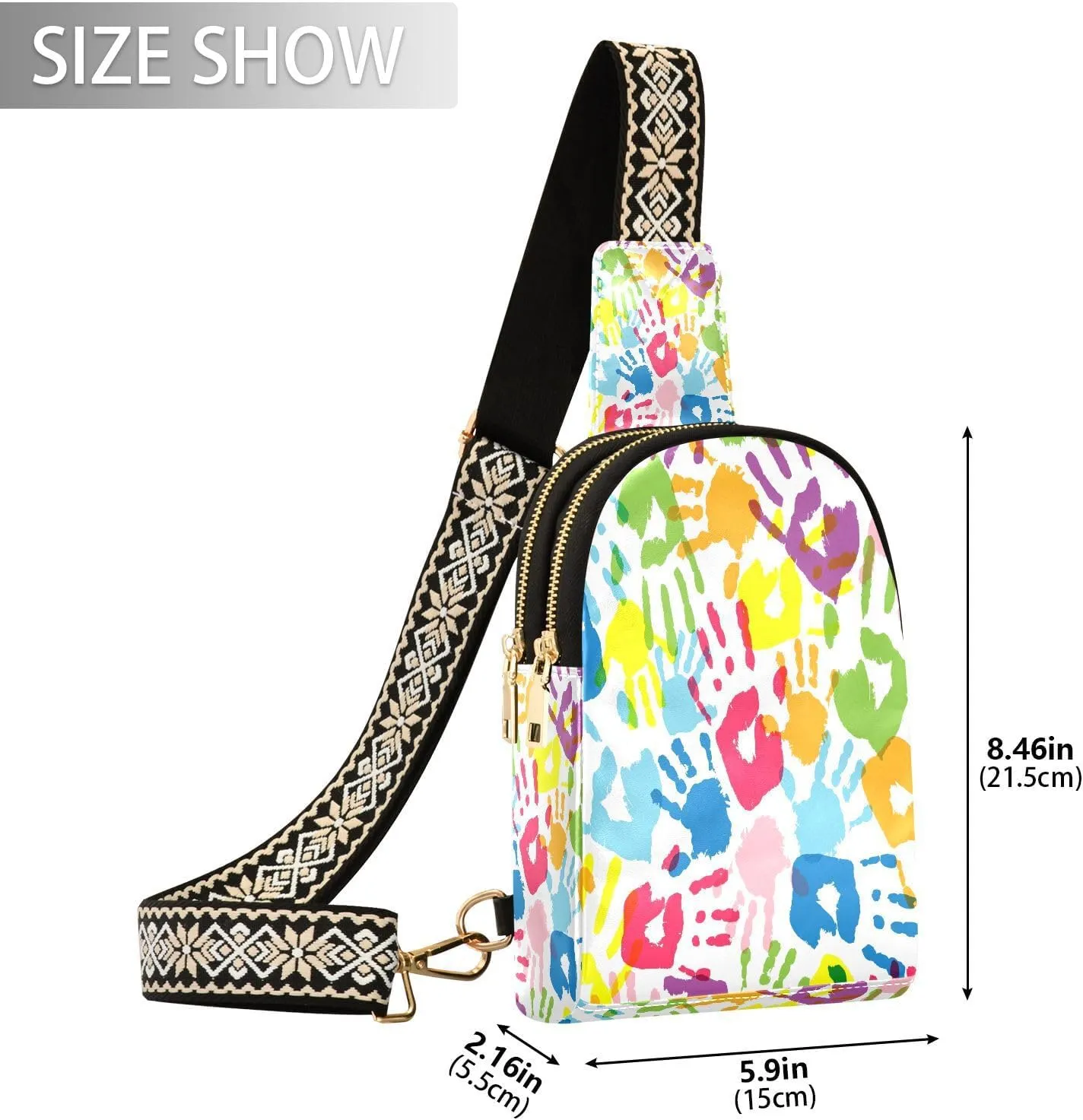Small Sling Bag for Women Crossbody Colored Handprints Fashion Leather Crossbody Bag for Women Tie Dye Trendy Crossbody Purse Fanny Pack with Adjustable Guitar Strap Outfit