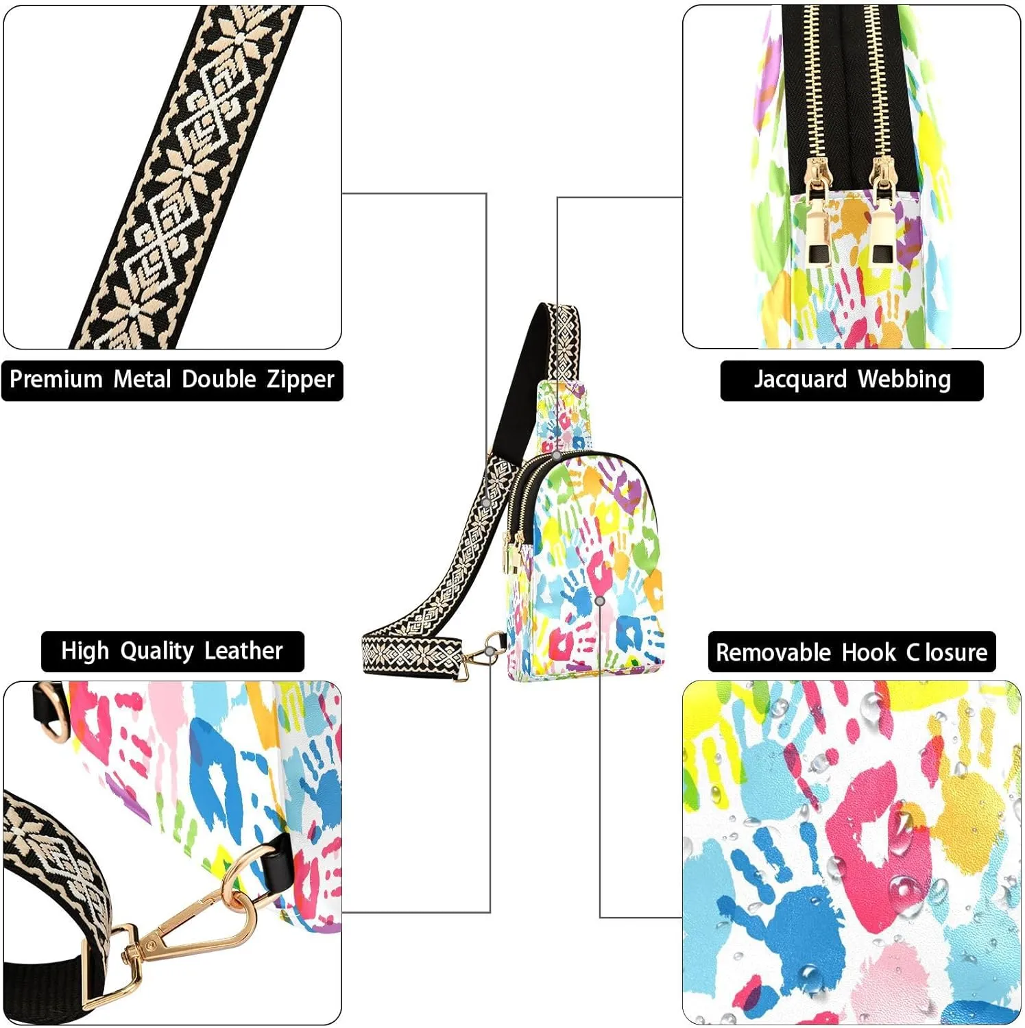 Small Sling Bag for Women Crossbody Colored Handprints Fashion Leather Crossbody Bag for Women Tie Dye Trendy Crossbody Purse Fanny Pack with Adjustable Guitar Strap Outfit