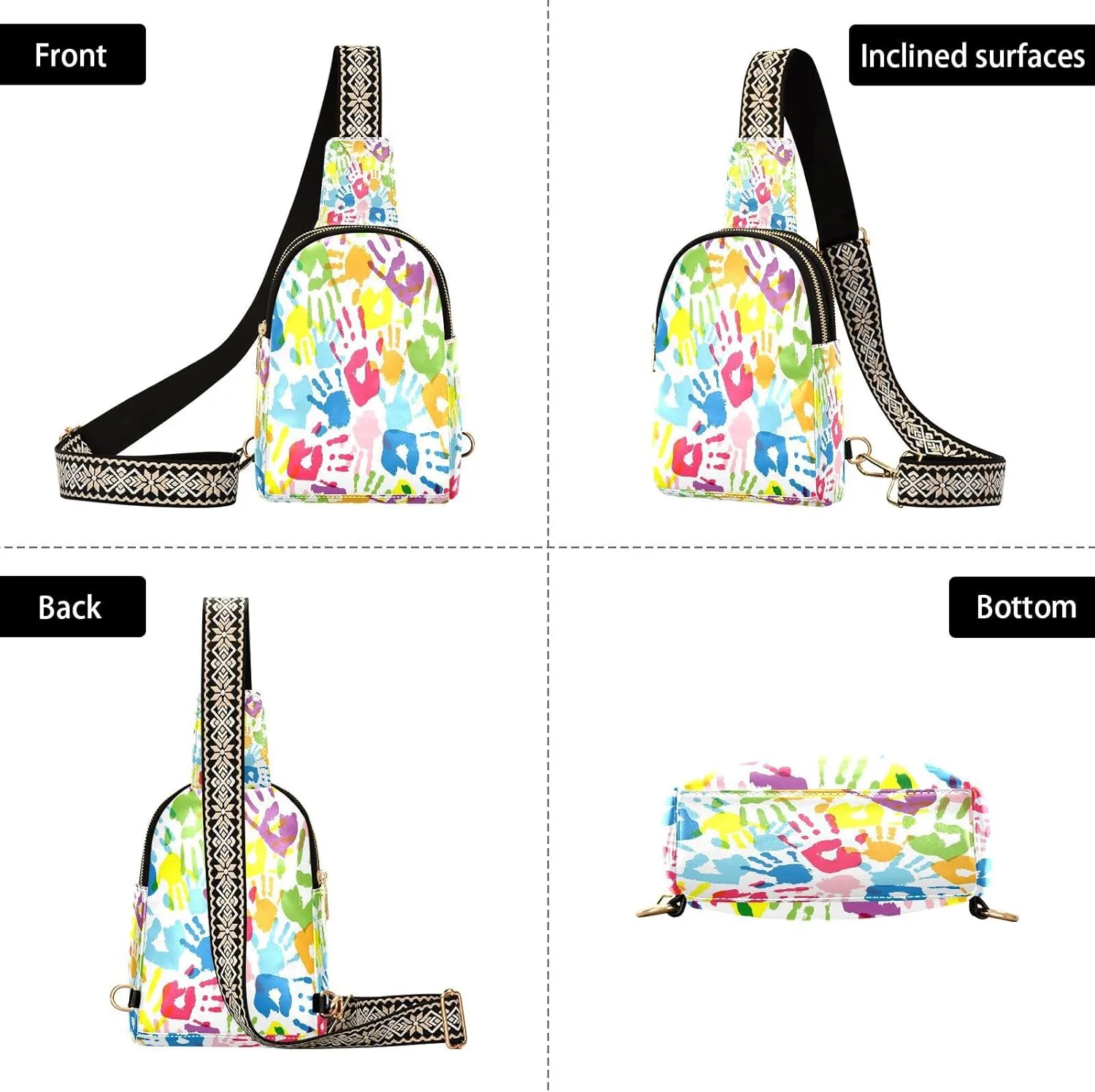 Small Sling Bag for Women Crossbody Colored Handprints Fashion Leather Crossbody Bag for Women Tie Dye Trendy Crossbody Purse Fanny Pack with Adjustable Guitar Strap Outfit
