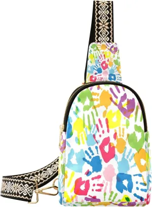 Small Sling Bag for Women Crossbody Colored Handprints Fashion Leather Crossbody Bag for Women Tie Dye Trendy Crossbody Purse Fanny Pack with Adjustable Guitar Strap Outfit