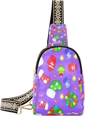 Small Sling Bag for Women Crossbody Colorful Socks Gloves Trendy Crossbody Bag Fashion Waist Packs Purple Christmas Leather Chest Bag for Women Fanny Pack with Guitar Strap Travel Outdoor Outfit