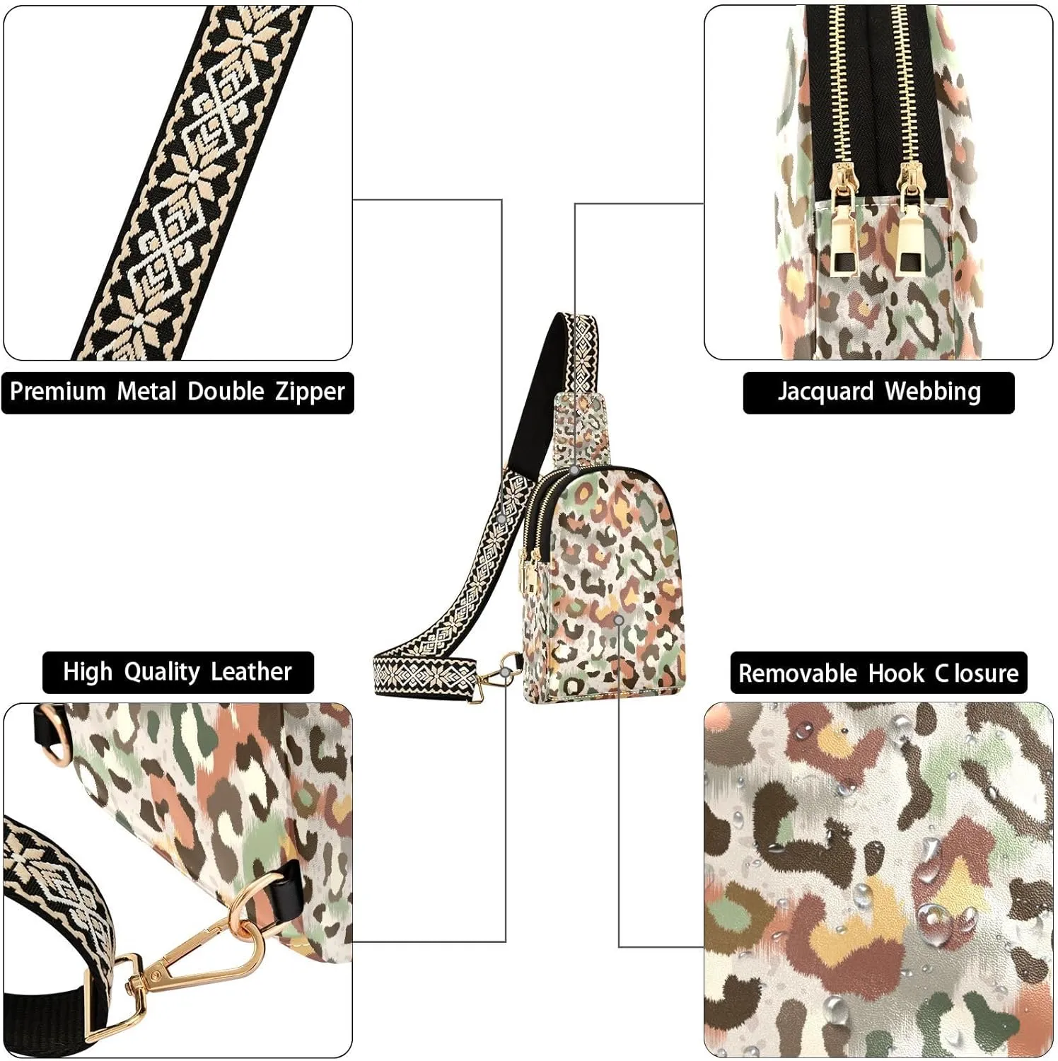 Small Sling Bag for Women Crossbody Cute Leopard Print Trendy Crossbody Bag Fashion Waist Packs Wildlife Natural Leather Chest Bag for Women Fanny Pack with Guitar Strap Travel Outdoor Outfit