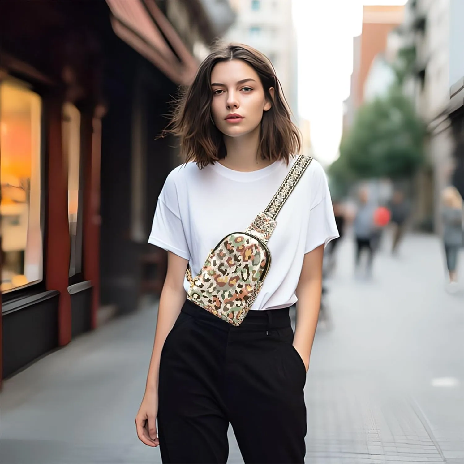 Small Sling Bag for Women Crossbody Cute Leopard Print Trendy Crossbody Bag Fashion Waist Packs Wildlife Natural Leather Chest Bag for Women Fanny Pack with Guitar Strap Travel Outdoor Outfit