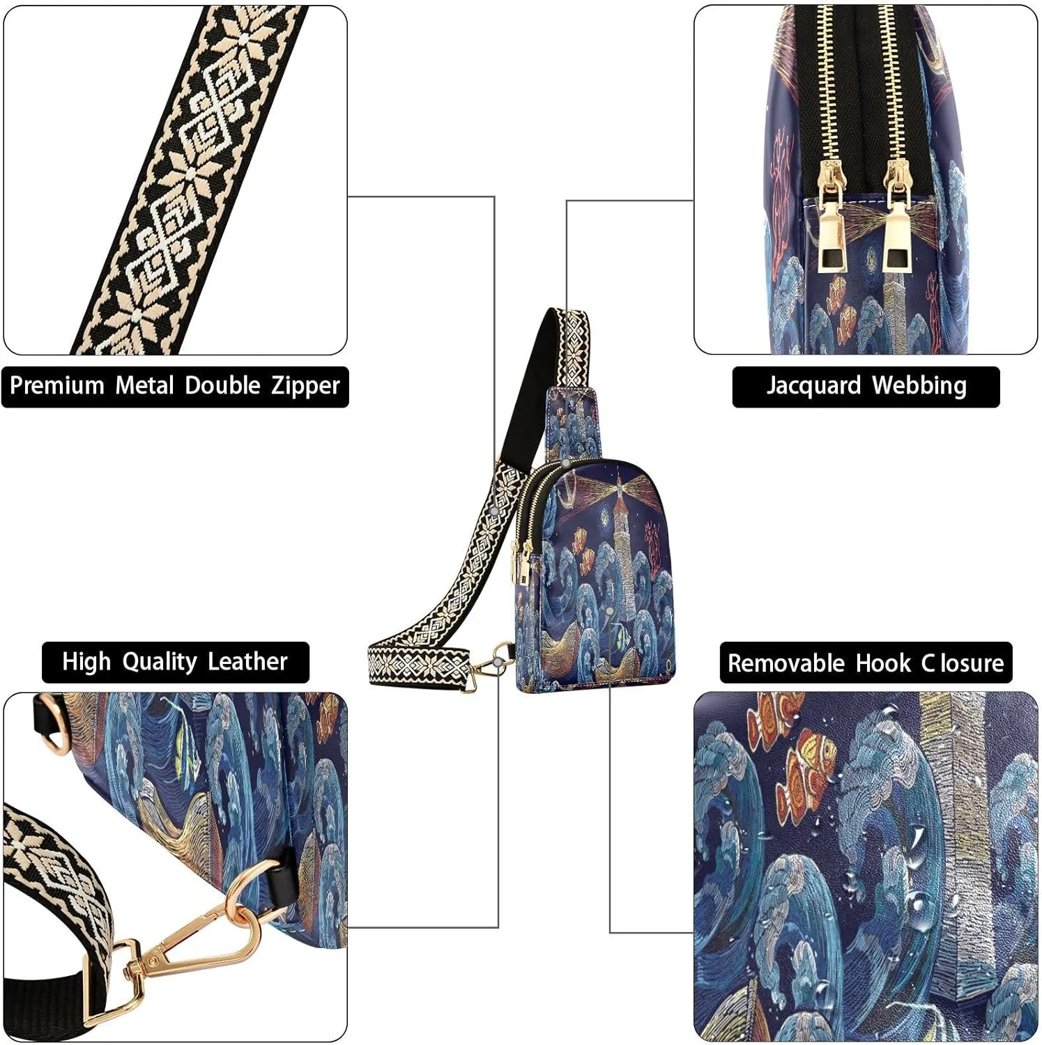 Small Sling Bag for Women Crossbody Embroidery Anchor Fashion Leather Crossbody Bag for Women Lighthouse Ship Trendy Crossbody Purse Fanny Pack with Adjustable Guitar Strap Outfit