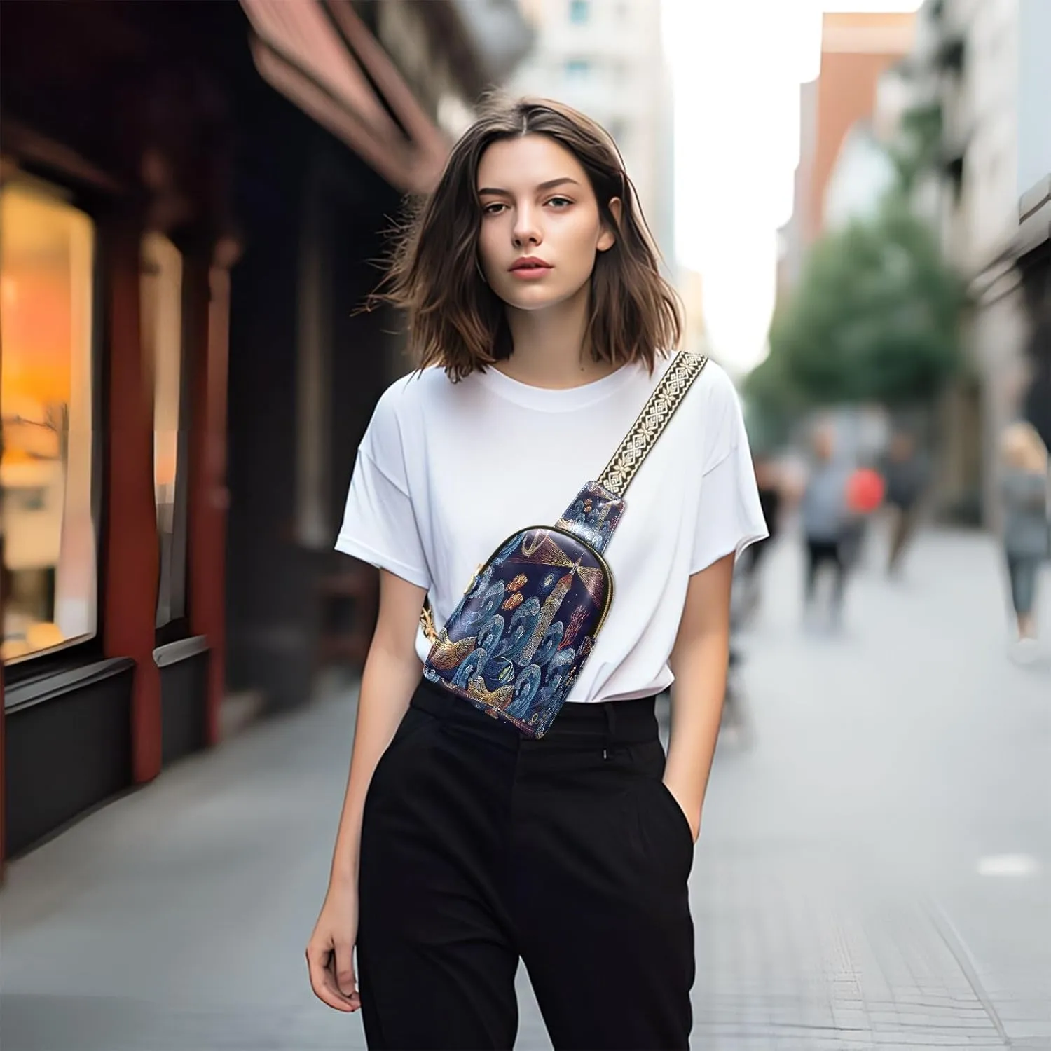 Small Sling Bag for Women Crossbody Embroidery Anchor Fashion Leather Crossbody Bag for Women Lighthouse Ship Trendy Crossbody Purse Fanny Pack with Adjustable Guitar Strap Outfit