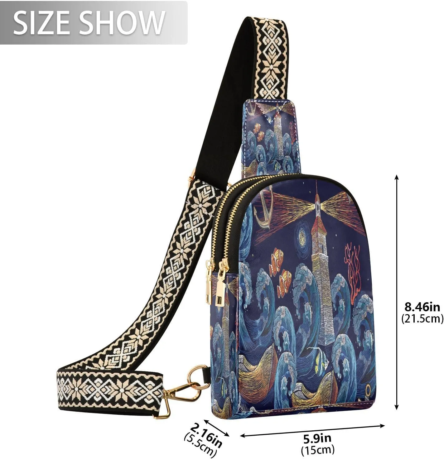 Small Sling Bag for Women Crossbody Embroidery Anchor Fashion Leather Crossbody Bag for Women Lighthouse Ship Trendy Crossbody Purse Fanny Pack with Adjustable Guitar Strap Outfit