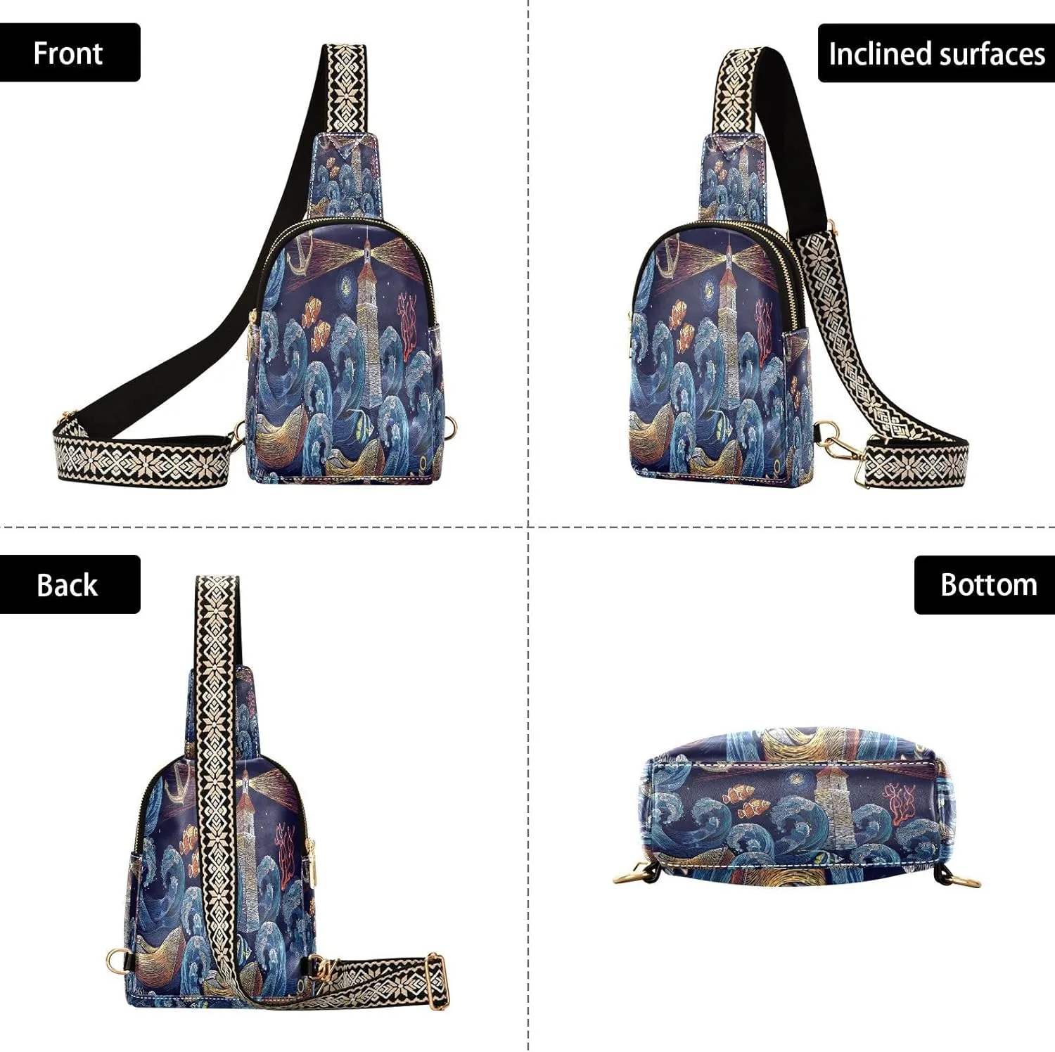 Small Sling Bag for Women Crossbody Embroidery Anchor Fashion Leather Crossbody Bag for Women Lighthouse Ship Trendy Crossbody Purse Fanny Pack with Adjustable Guitar Strap Outfit