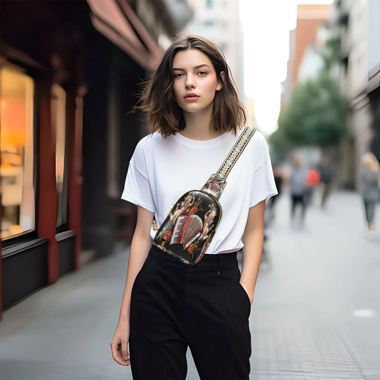 Small Sling Bag for Women Crossbody Embroidery Angels Accordion Fashion Leather Crossbody Bag for Women Music Floral Trendy Crossbody Purse Fanny Pack with Adjustable Guitar Strap Outfit