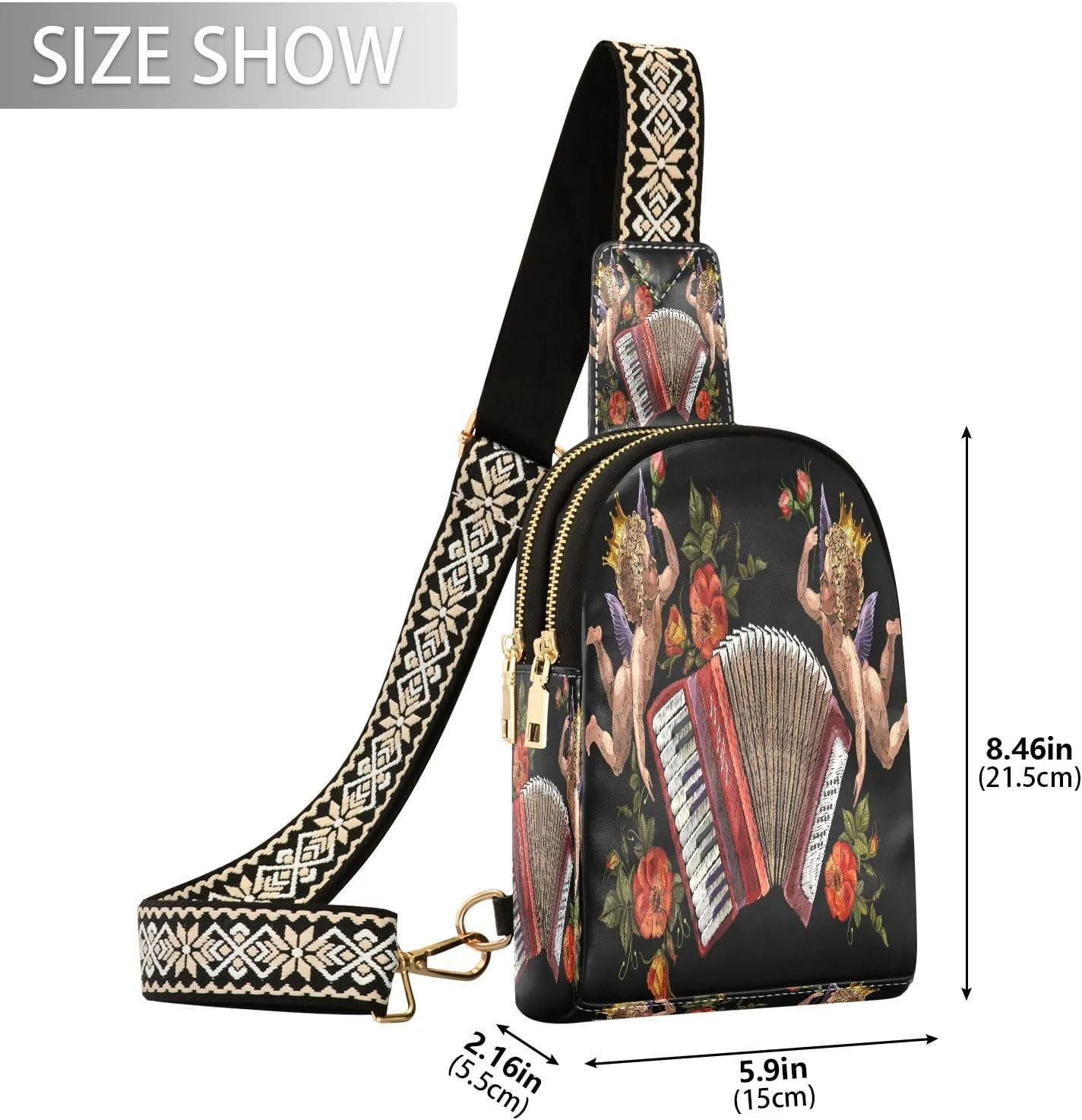 Small Sling Bag for Women Crossbody Embroidery Angels Accordion Fashion Leather Crossbody Bag for Women Music Floral Trendy Crossbody Purse Fanny Pack with Adjustable Guitar Strap Outfit