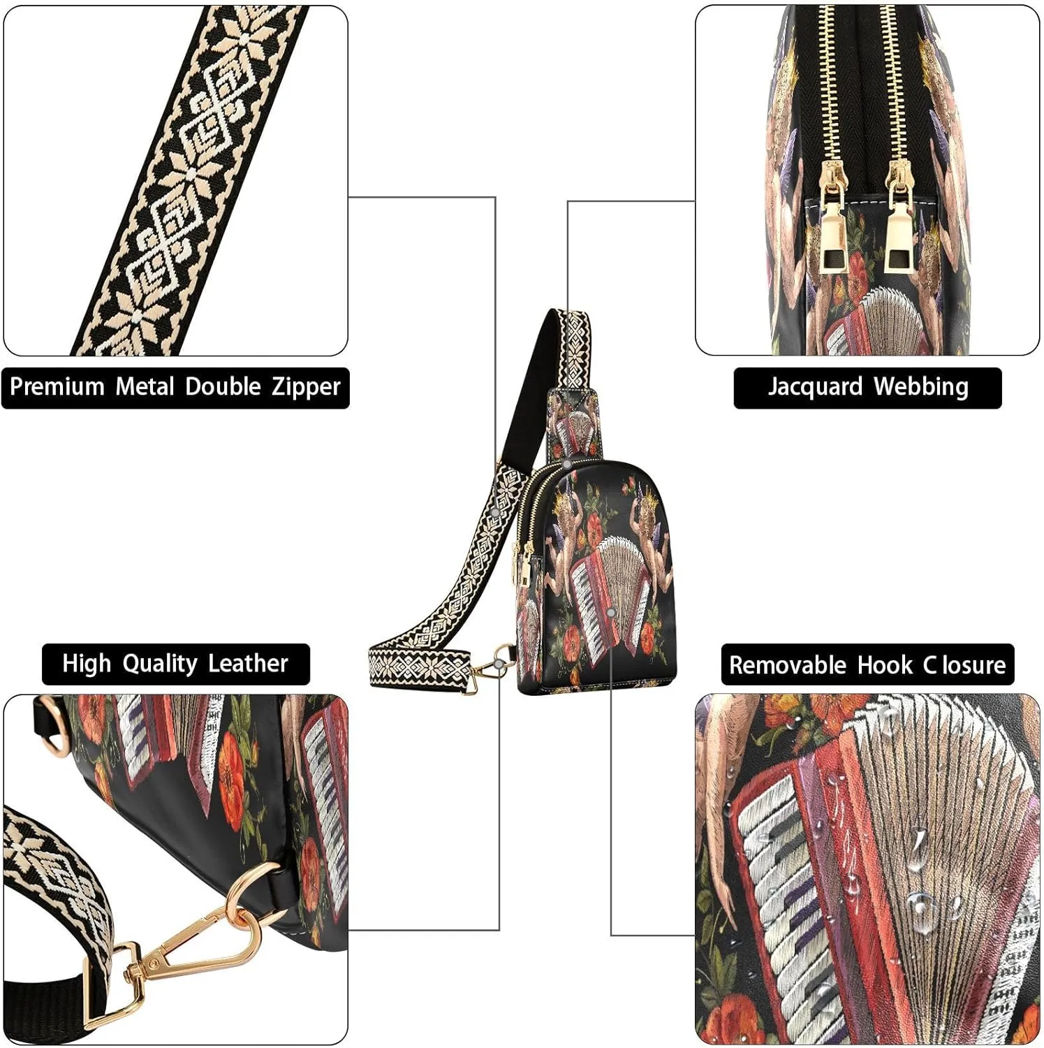 Small Sling Bag for Women Crossbody Embroidery Angels Accordion Fashion Leather Crossbody Bag for Women Music Floral Trendy Crossbody Purse Fanny Pack with Adjustable Guitar Strap Outfit