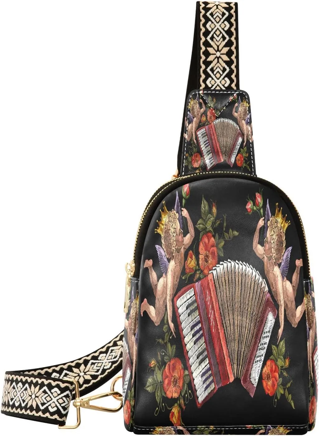 Small Sling Bag for Women Crossbody Embroidery Angels Accordion Fashion Leather Crossbody Bag for Women Music Floral Trendy Crossbody Purse Fanny Pack with Adjustable Guitar Strap Outfit