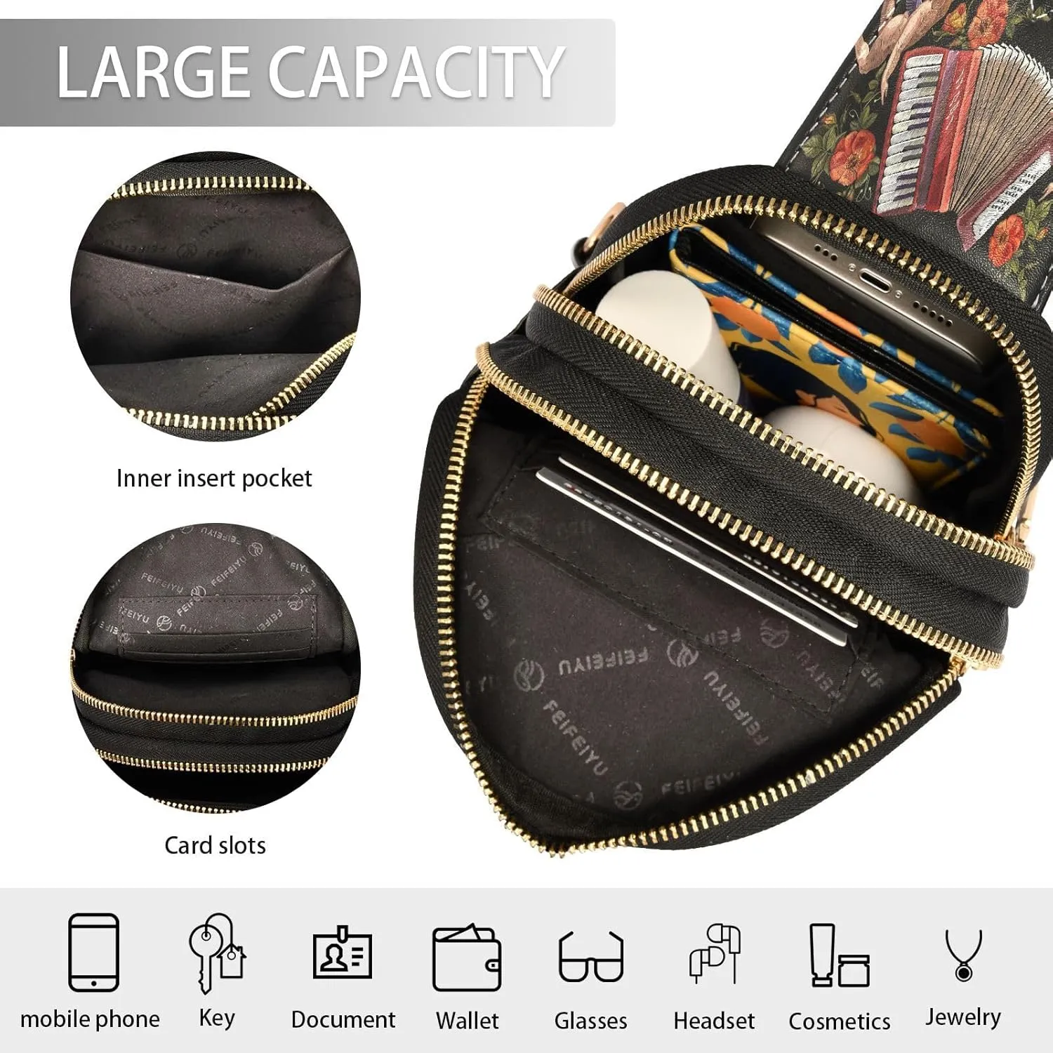 Small Sling Bag for Women Crossbody Embroidery Angels Accordion Fashion Leather Crossbody Bag for Women Music Floral Trendy Crossbody Purse Fanny Pack with Adjustable Guitar Strap Outfit