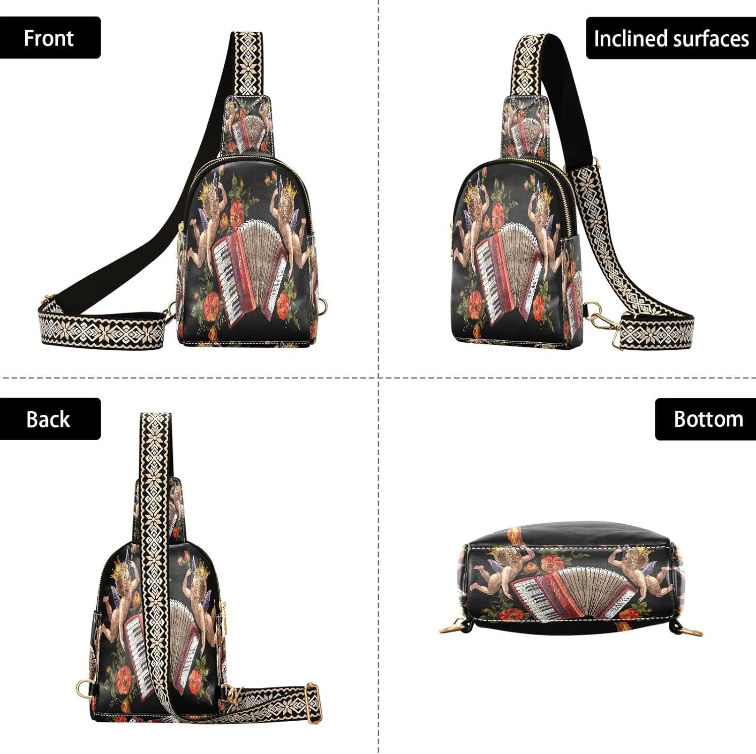 Small Sling Bag for Women Crossbody Embroidery Angels Accordion Fashion Leather Crossbody Bag for Women Music Floral Trendy Crossbody Purse Fanny Pack with Adjustable Guitar Strap Outfit