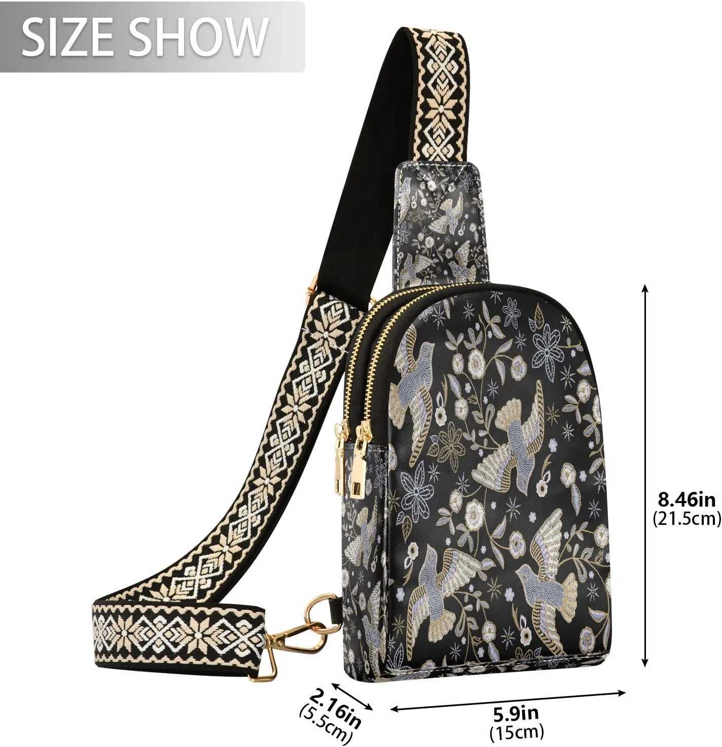 Small Sling Bag for Women Crossbody Embroidery Ethnic Floral Fashion Leather Crossbody Bag for Women Pigeons Flowers Trendy Crossbody Purse Fanny Pack with Adjustable Guitar Strap Outfit