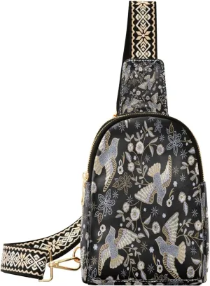 Small Sling Bag for Women Crossbody Embroidery Ethnic Floral Fashion Leather Crossbody Bag for Women Pigeons Flowers Trendy Crossbody Purse Fanny Pack with Adjustable Guitar Strap Outfit