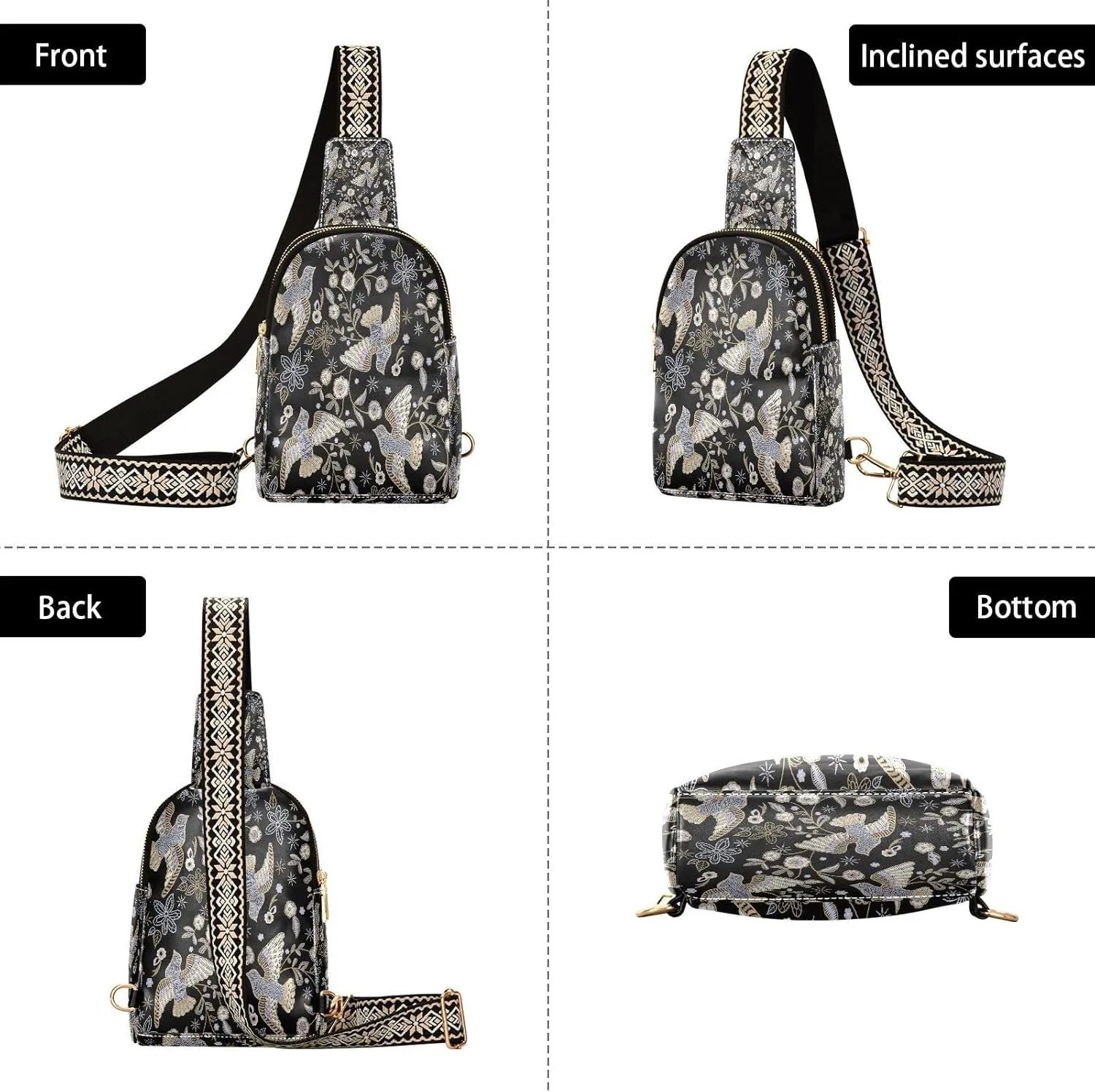 Small Sling Bag for Women Crossbody Embroidery Ethnic Floral Fashion Leather Crossbody Bag for Women Pigeons Flowers Trendy Crossbody Purse Fanny Pack with Adjustable Guitar Strap Outfit