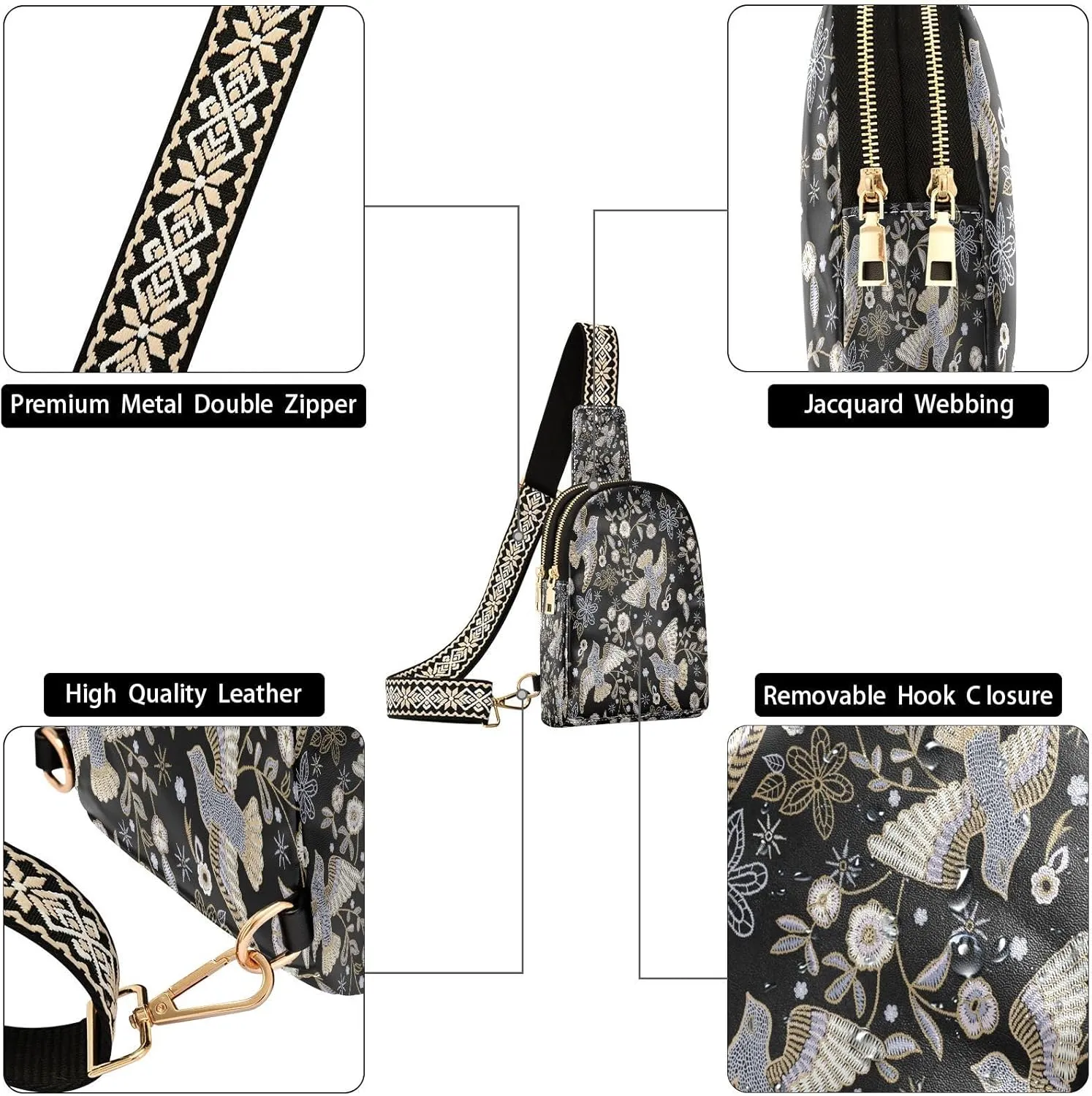 Small Sling Bag for Women Crossbody Embroidery Ethnic Floral Fashion Leather Crossbody Bag for Women Pigeons Flowers Trendy Crossbody Purse Fanny Pack with Adjustable Guitar Strap Outfit