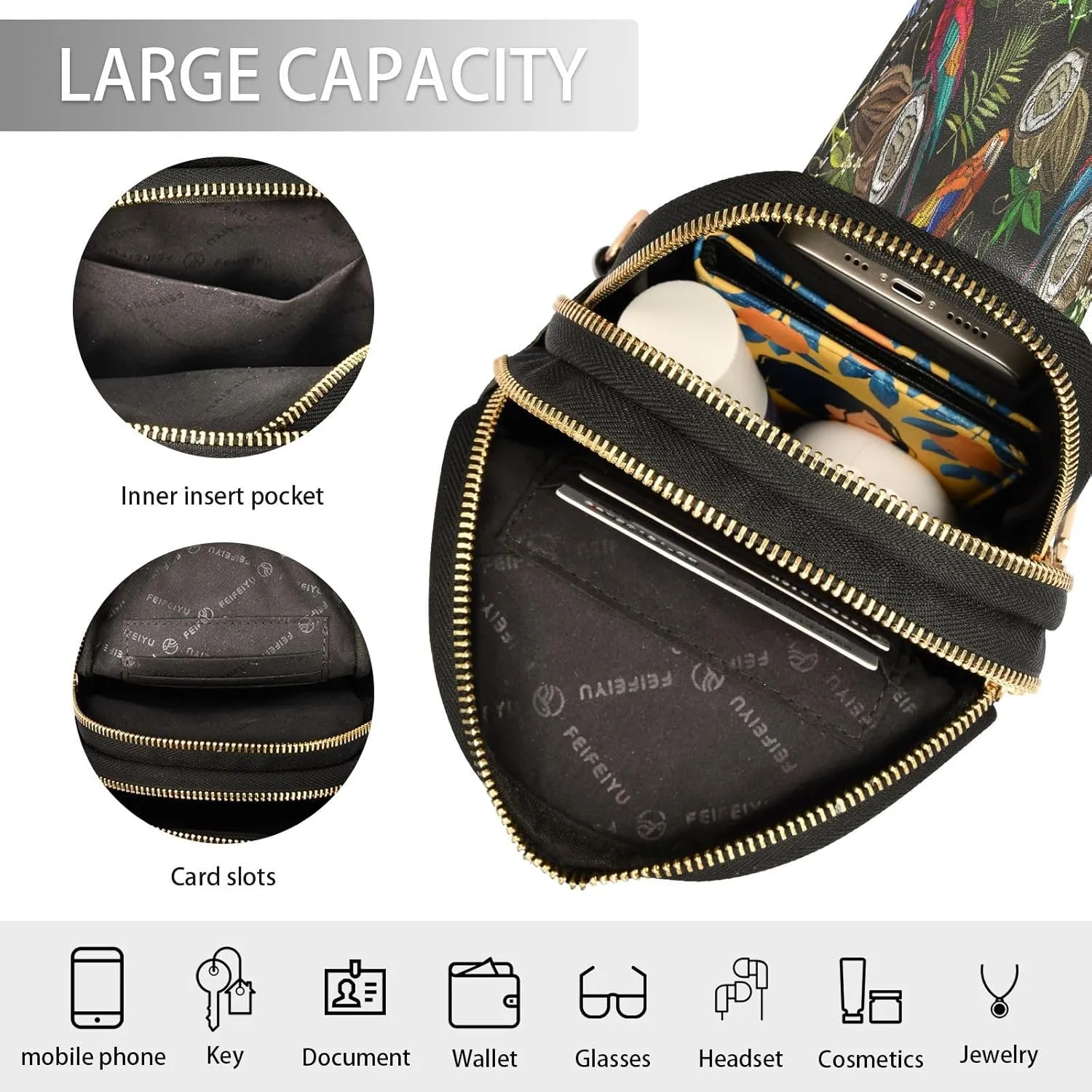 Small Sling Bag for Women Crossbody Embroidery Parrot Coconut Fashion Leather Crossbody Bag for Women Trendy Crossbody Purse Fanny Pack with Adjustable Guitar Strap Outfit