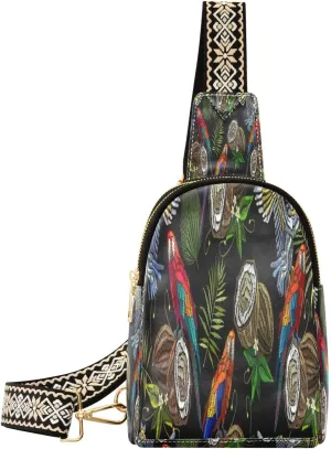 Small Sling Bag for Women Crossbody Embroidery Parrot Coconut Fashion Leather Crossbody Bag for Women Trendy Crossbody Purse Fanny Pack with Adjustable Guitar Strap Outfit