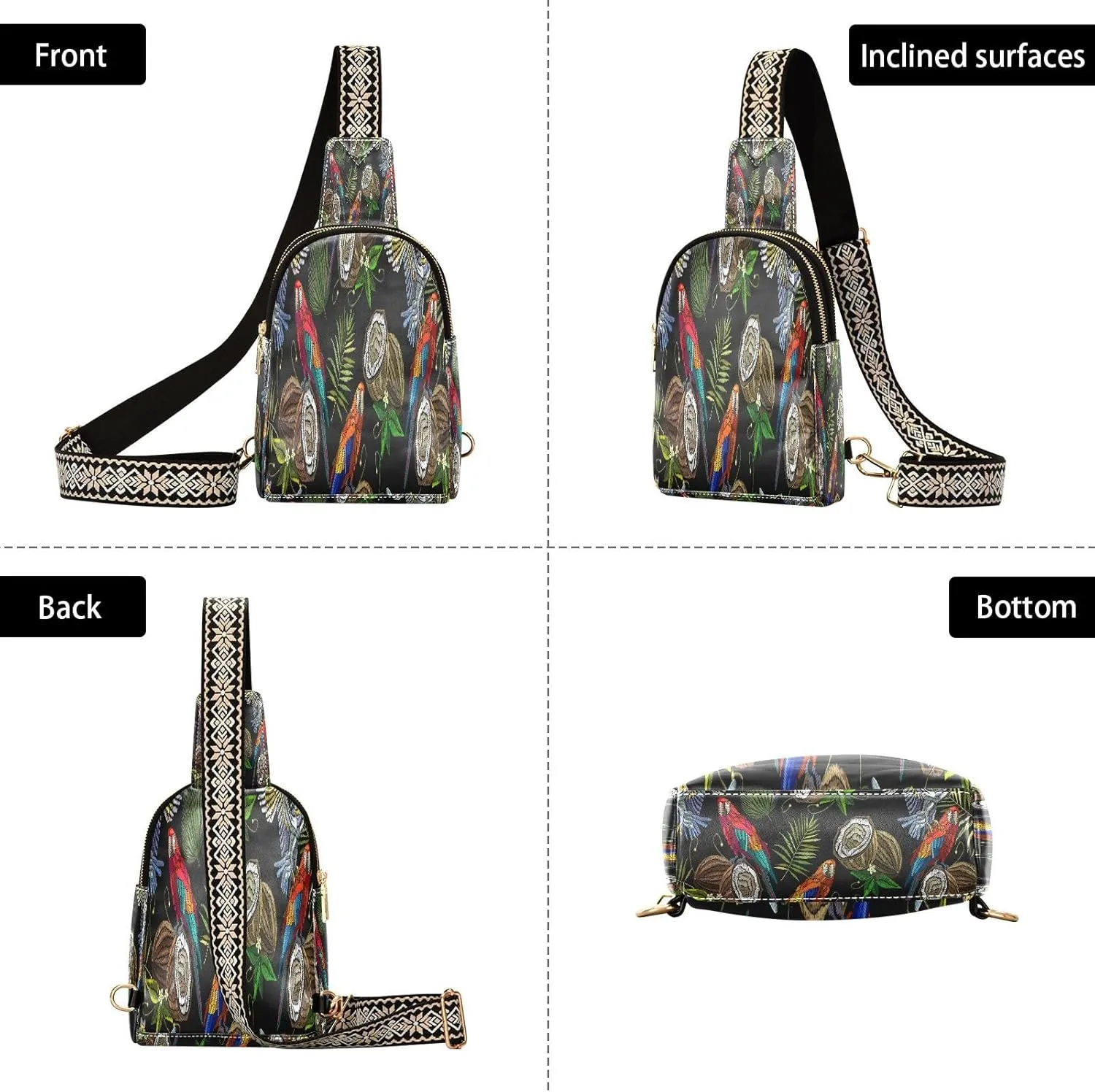 Small Sling Bag for Women Crossbody Embroidery Parrot Coconut Fashion Leather Crossbody Bag for Women Trendy Crossbody Purse Fanny Pack with Adjustable Guitar Strap Outfit
