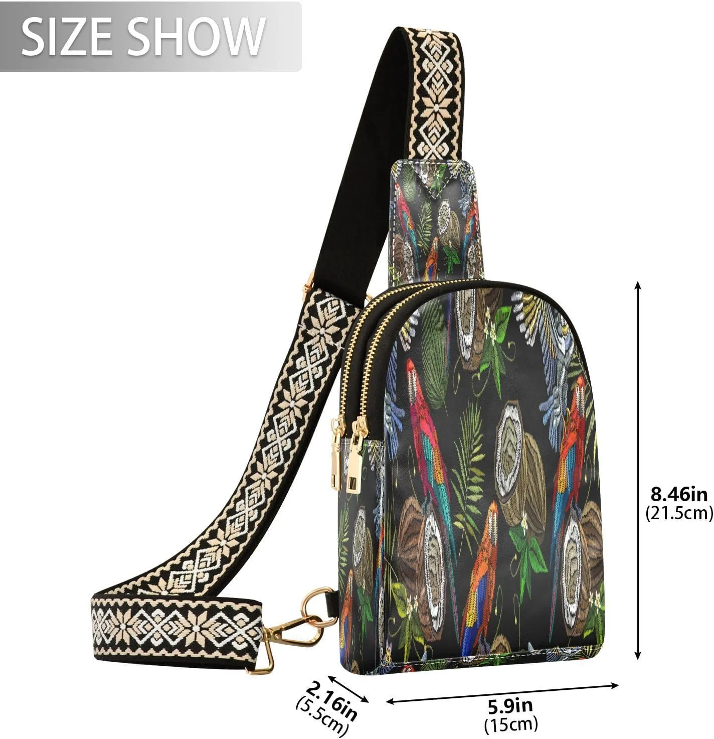 Small Sling Bag for Women Crossbody Embroidery Parrot Coconut Fashion Leather Crossbody Bag for Women Trendy Crossbody Purse Fanny Pack with Adjustable Guitar Strap Outfit