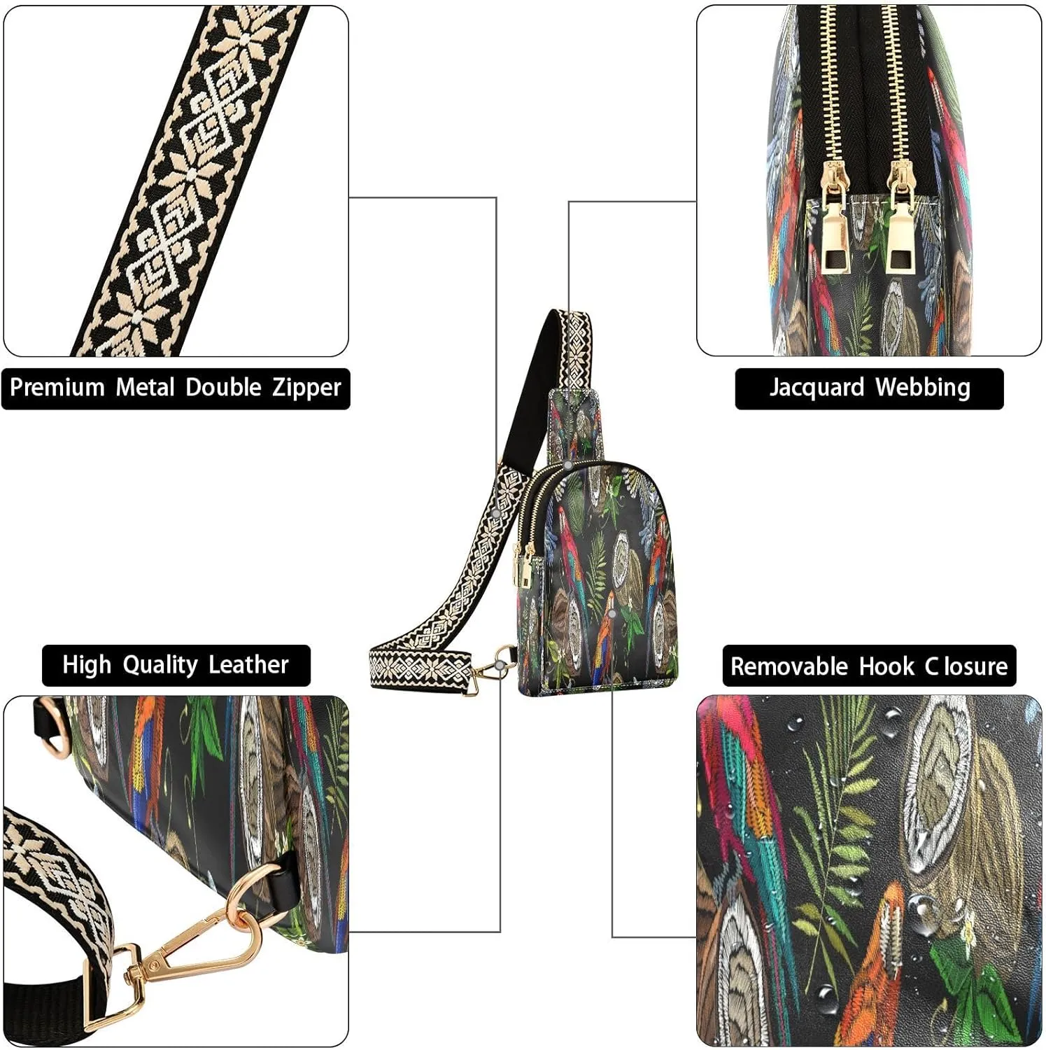 Small Sling Bag for Women Crossbody Embroidery Parrot Coconut Fashion Leather Crossbody Bag for Women Trendy Crossbody Purse Fanny Pack with Adjustable Guitar Strap Outfit