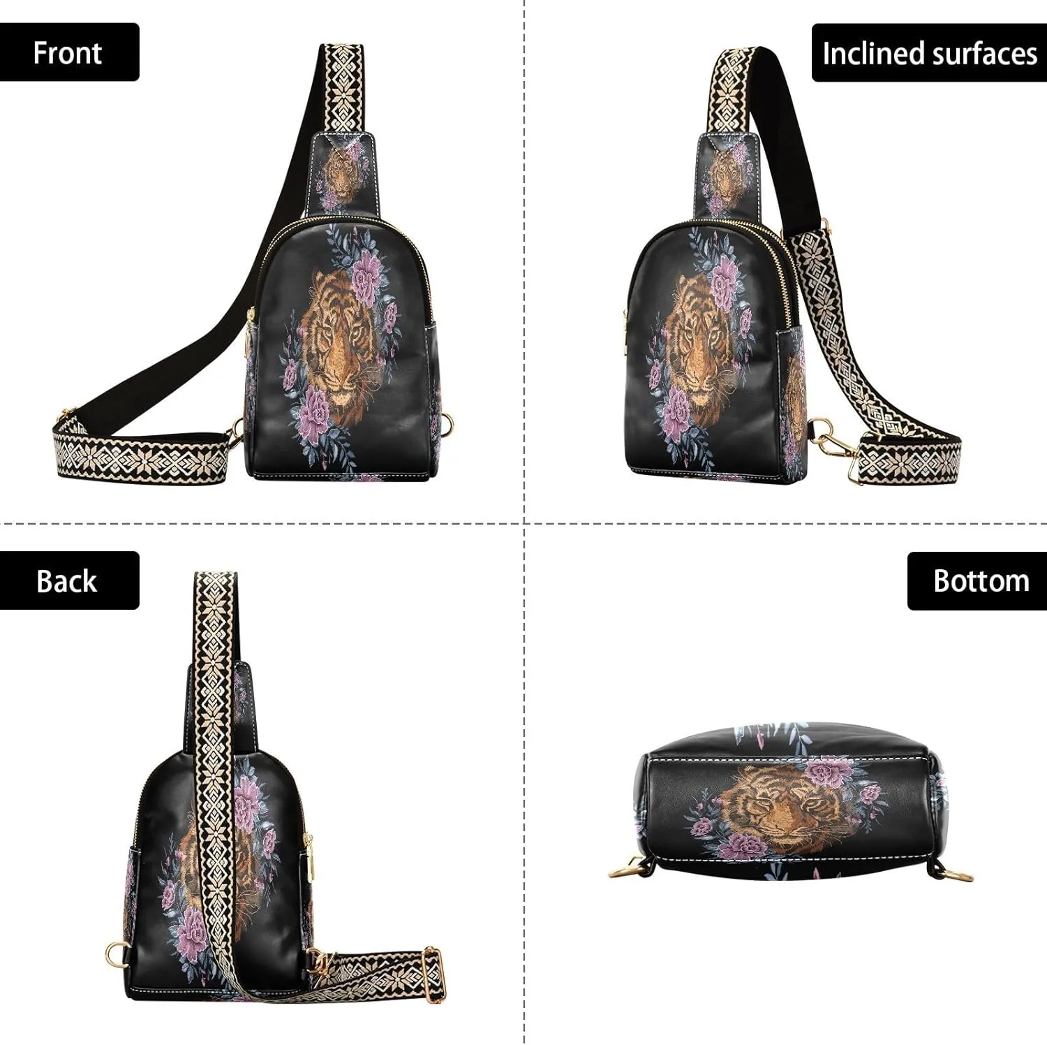Small Sling Bag for Women Crossbody Embroidery Tiger Flower Plant Fashion Leather Crossbody Bag for Women Trendy Crossbody Purse Fanny Pack with Adjustable Guitar Strap Outfit