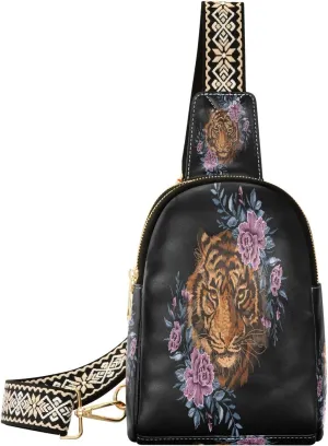 Small Sling Bag for Women Crossbody Embroidery Tiger Flower Plant Fashion Leather Crossbody Bag for Women Trendy Crossbody Purse Fanny Pack with Adjustable Guitar Strap Outfit