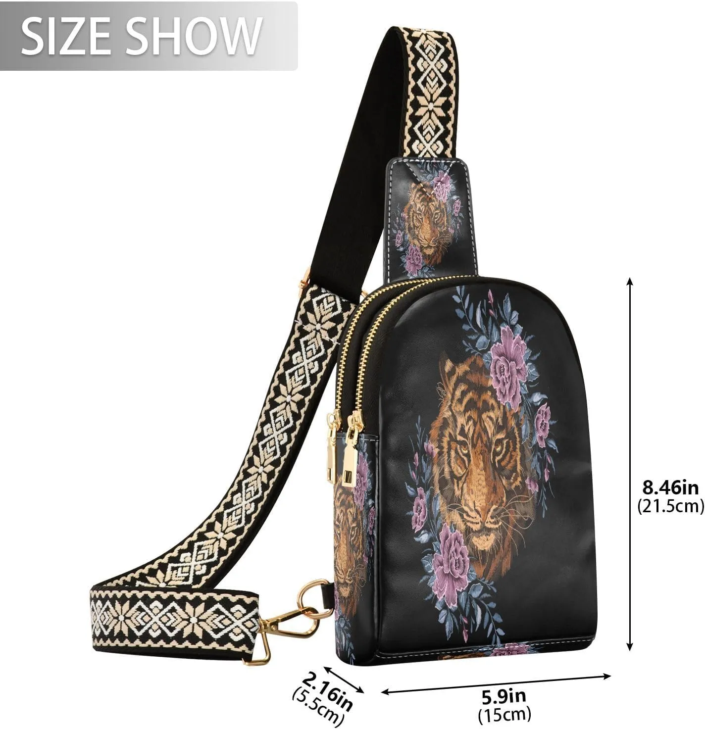 Small Sling Bag for Women Crossbody Embroidery Tiger Flower Plant Fashion Leather Crossbody Bag for Women Trendy Crossbody Purse Fanny Pack with Adjustable Guitar Strap Outfit