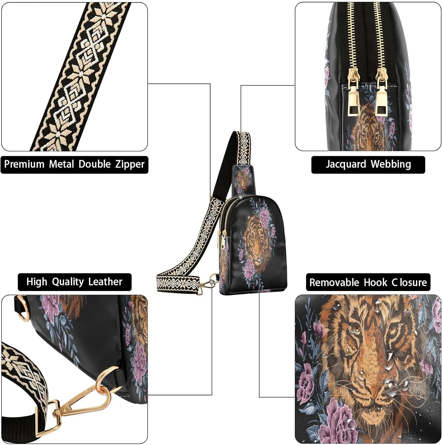 Small Sling Bag for Women Crossbody Embroidery Tiger Flower Plant Fashion Leather Crossbody Bag for Women Trendy Crossbody Purse Fanny Pack with Adjustable Guitar Strap Outfit