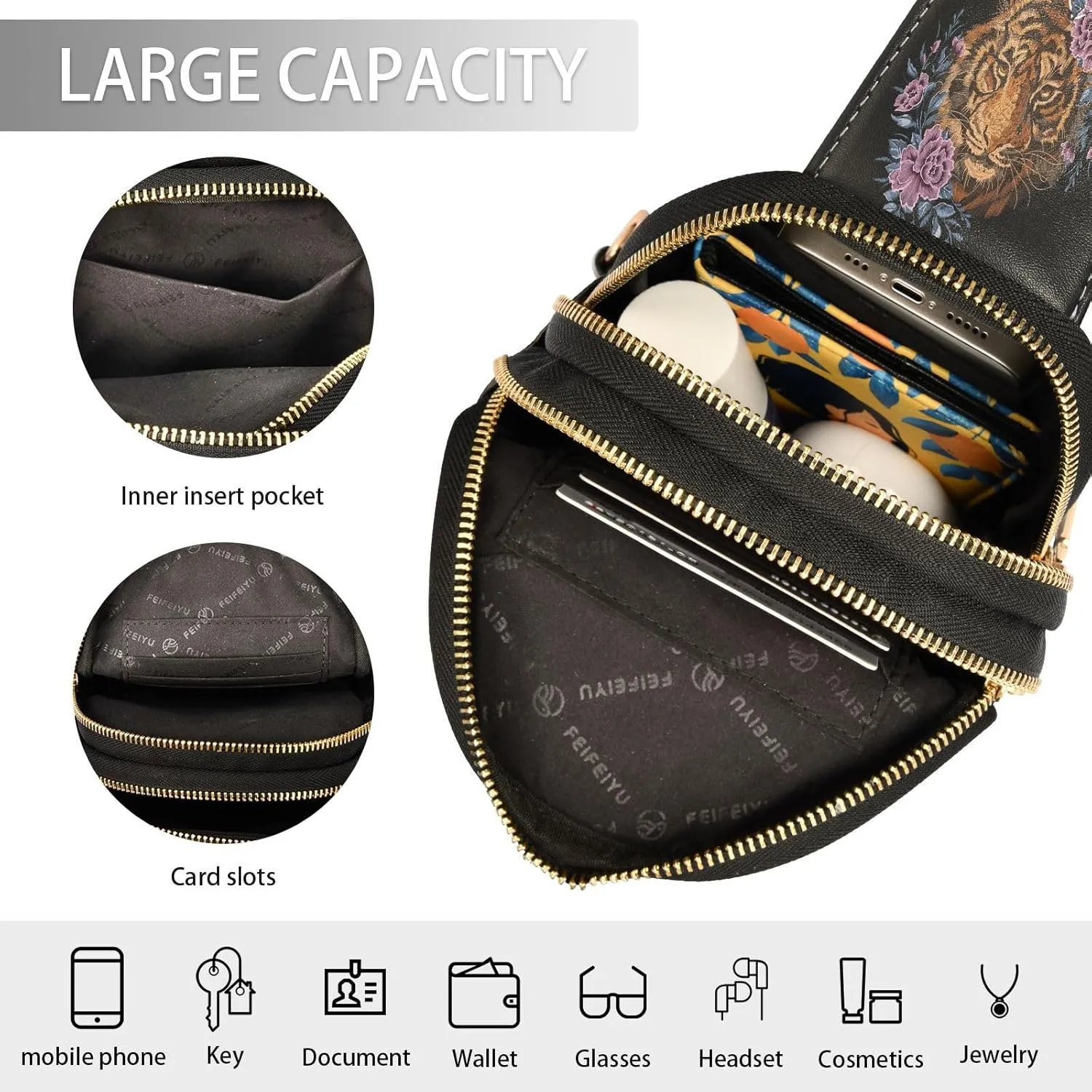 Small Sling Bag for Women Crossbody Embroidery Tiger Flower Plant Fashion Leather Crossbody Bag for Women Trendy Crossbody Purse Fanny Pack with Adjustable Guitar Strap Outfit