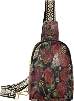 Small Sling Bag for Women Crossbody Fishbone Key Flower Rose Fashion Leather Crossbody Bag for Women Embroidery Trendy Crossbody Purse Fanny Pack with Adjustable Guitar Strap Outfit
