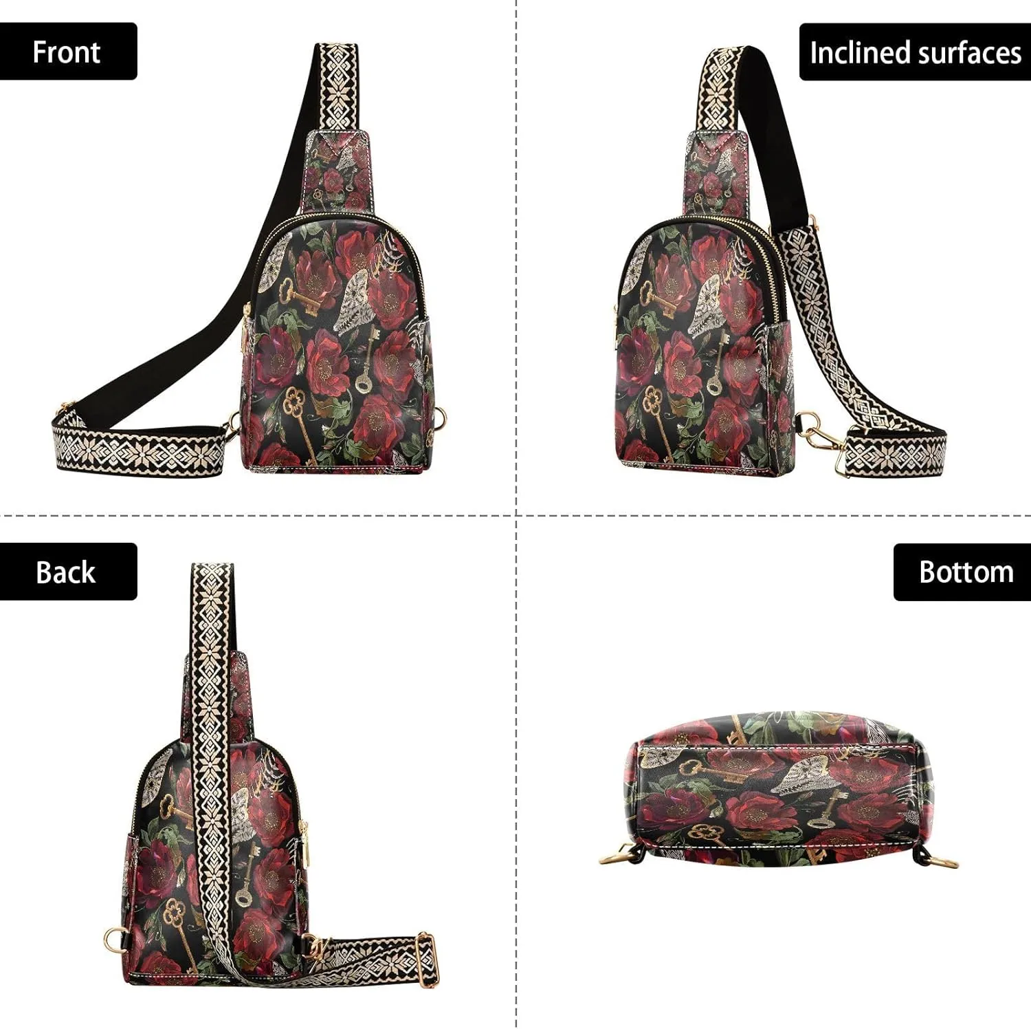 Small Sling Bag for Women Crossbody Fishbone Key Flower Rose Fashion Leather Crossbody Bag for Women Embroidery Trendy Crossbody Purse Fanny Pack with Adjustable Guitar Strap Outfit
