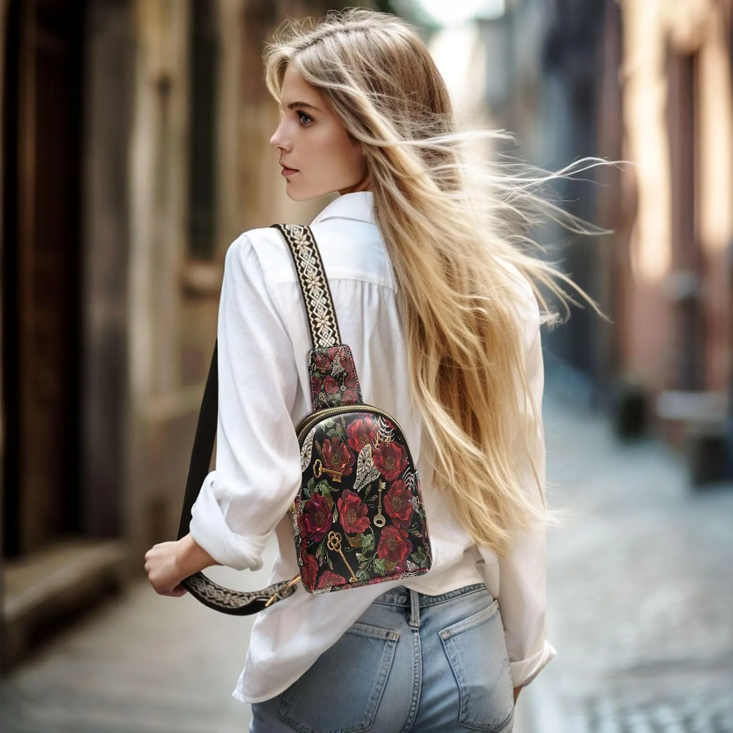 Small Sling Bag for Women Crossbody Fishbone Key Flower Rose Fashion Leather Crossbody Bag for Women Embroidery Trendy Crossbody Purse Fanny Pack with Adjustable Guitar Strap Outfit
