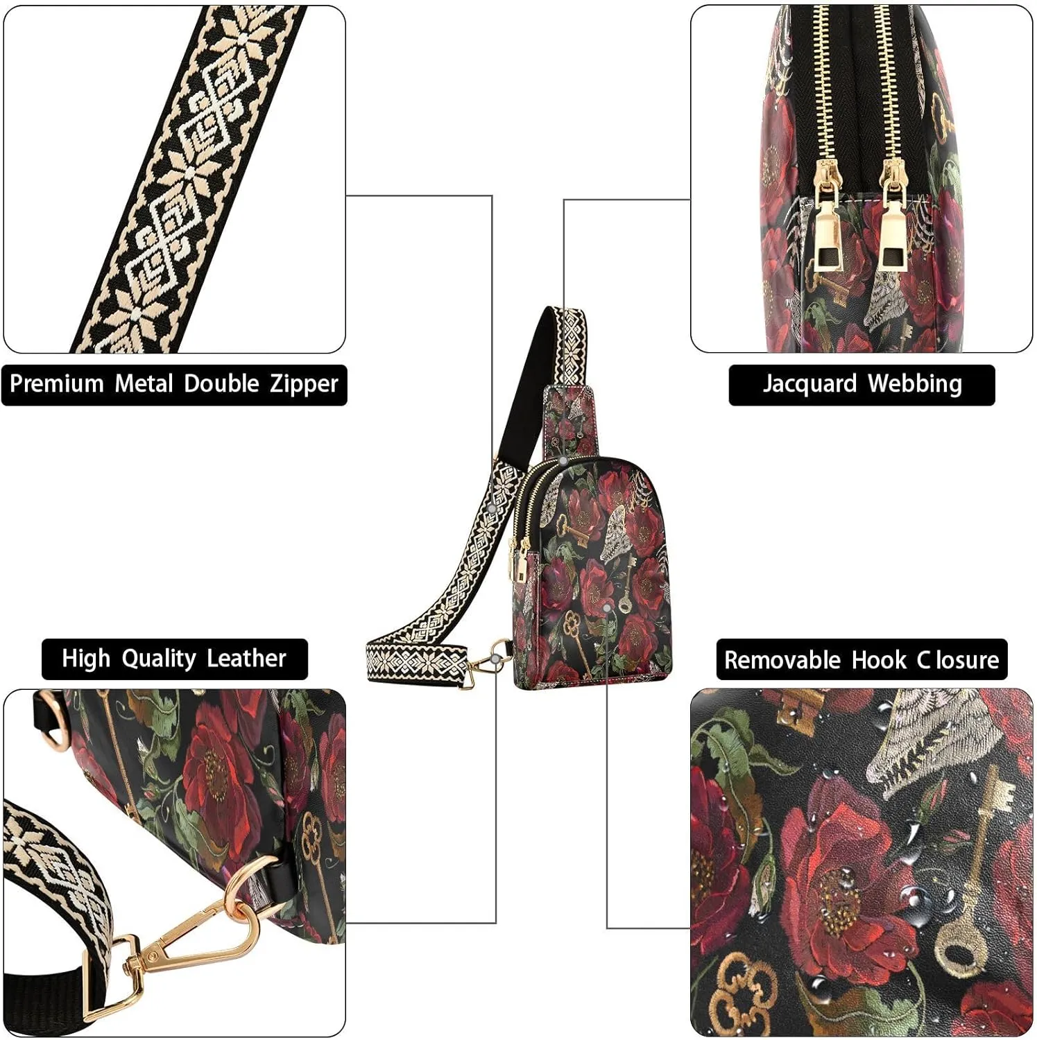Small Sling Bag for Women Crossbody Fishbone Key Flower Rose Fashion Leather Crossbody Bag for Women Embroidery Trendy Crossbody Purse Fanny Pack with Adjustable Guitar Strap Outfit