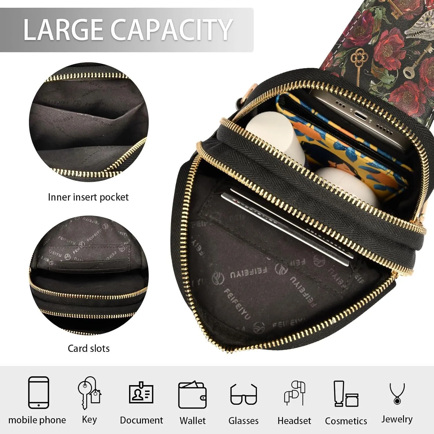 Small Sling Bag for Women Crossbody Fishbone Key Flower Rose Fashion Leather Crossbody Bag for Women Embroidery Trendy Crossbody Purse Fanny Pack with Adjustable Guitar Strap Outfit